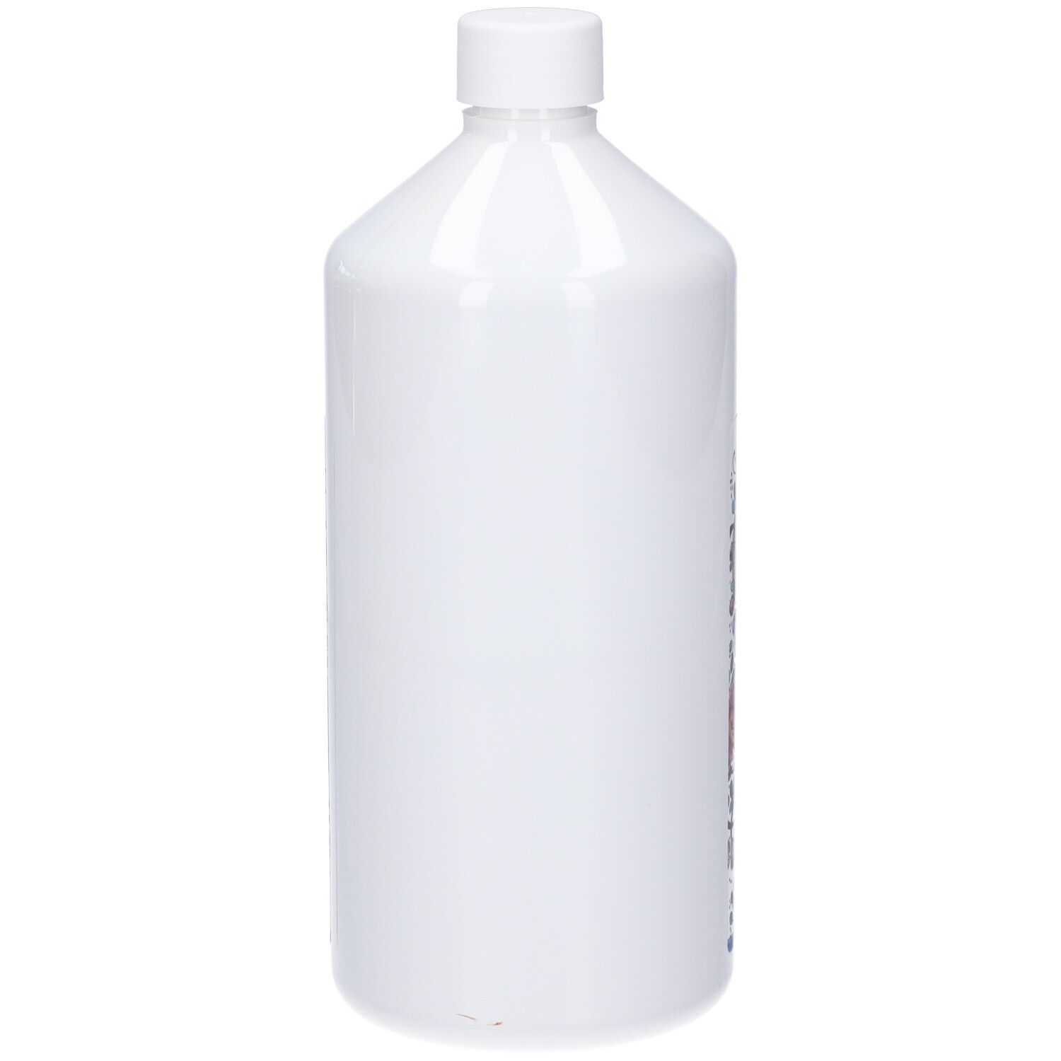 Flacone bianco in plastica con tappo a vite bianco.