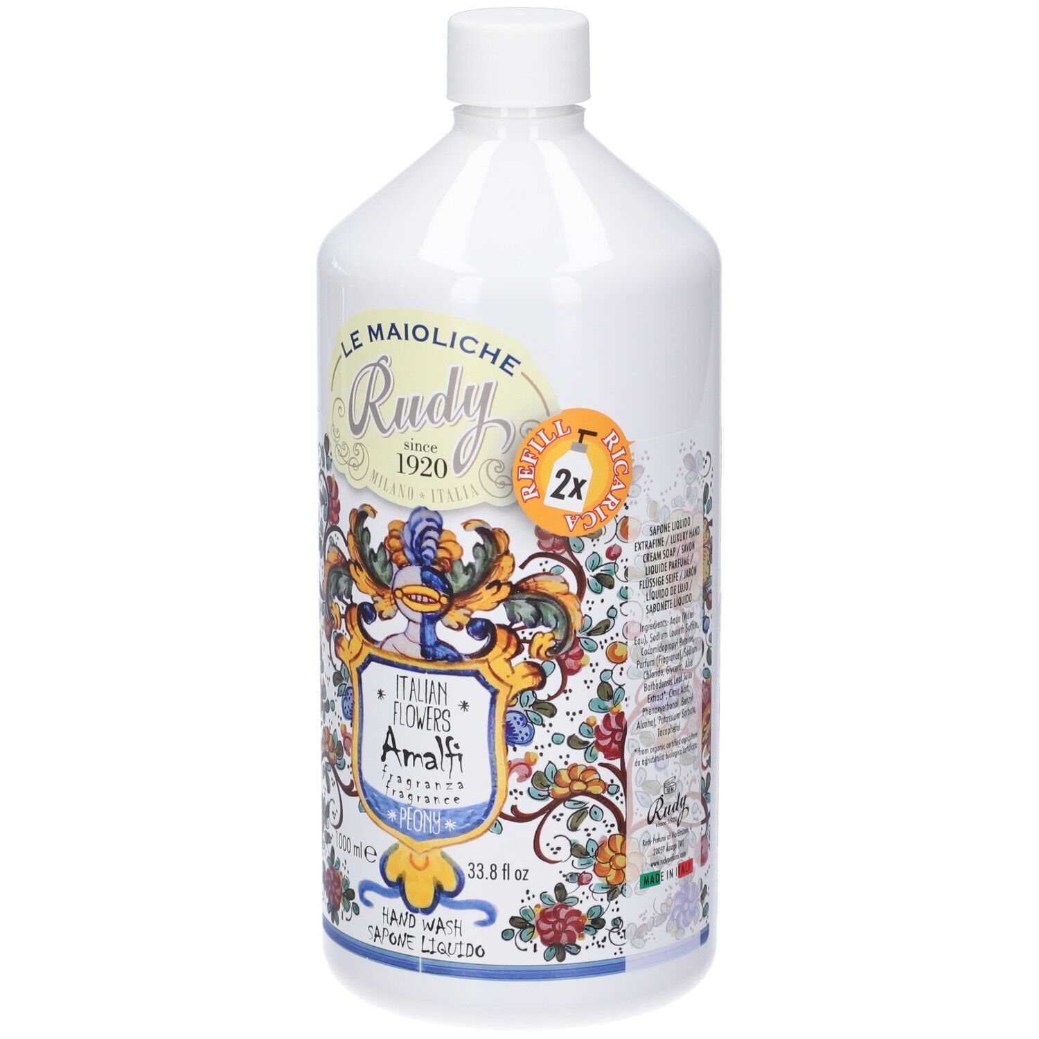 Flacone bianco di sapone liquido con decoro floreale italiano e logo "Rudy". Contiene 500ml.