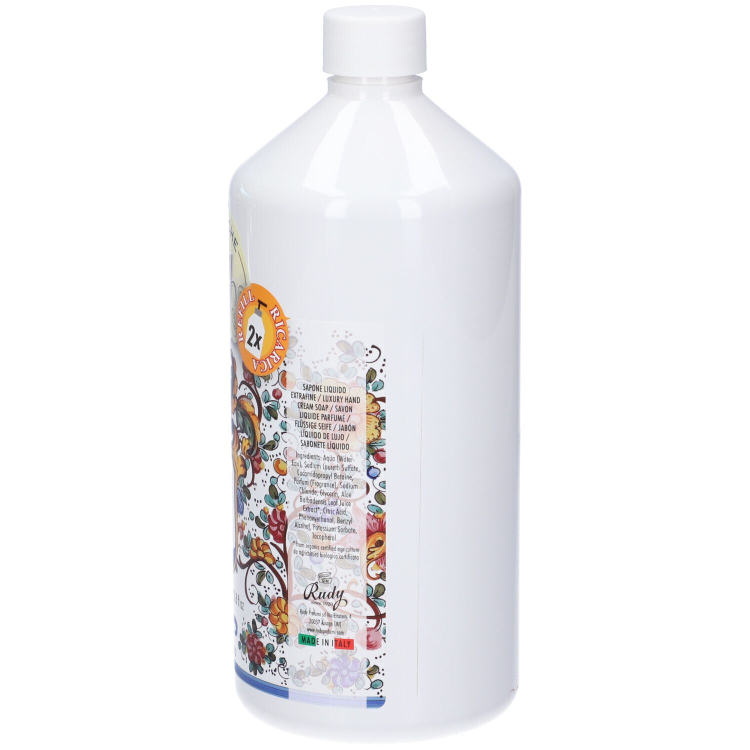 Flacone bianco con etichetta colorata e scritta 'Rudy'.
