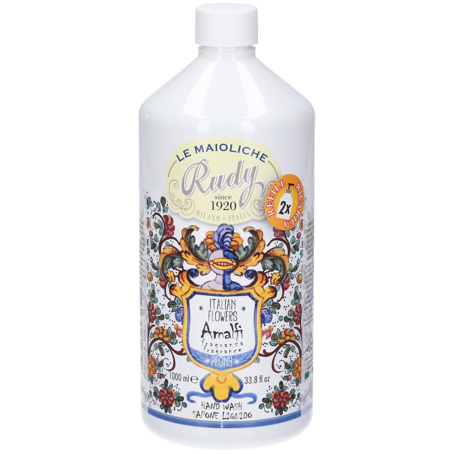 Flacone bianco di sapone liquido, motivo floreale italiano, 1000 ml.