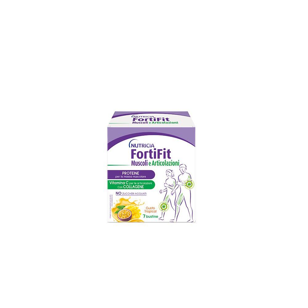 Confezione di Fortifit Muscoli & Articolazioni. Scatola viola e bianca con nome del prodotto e illustrazioni.