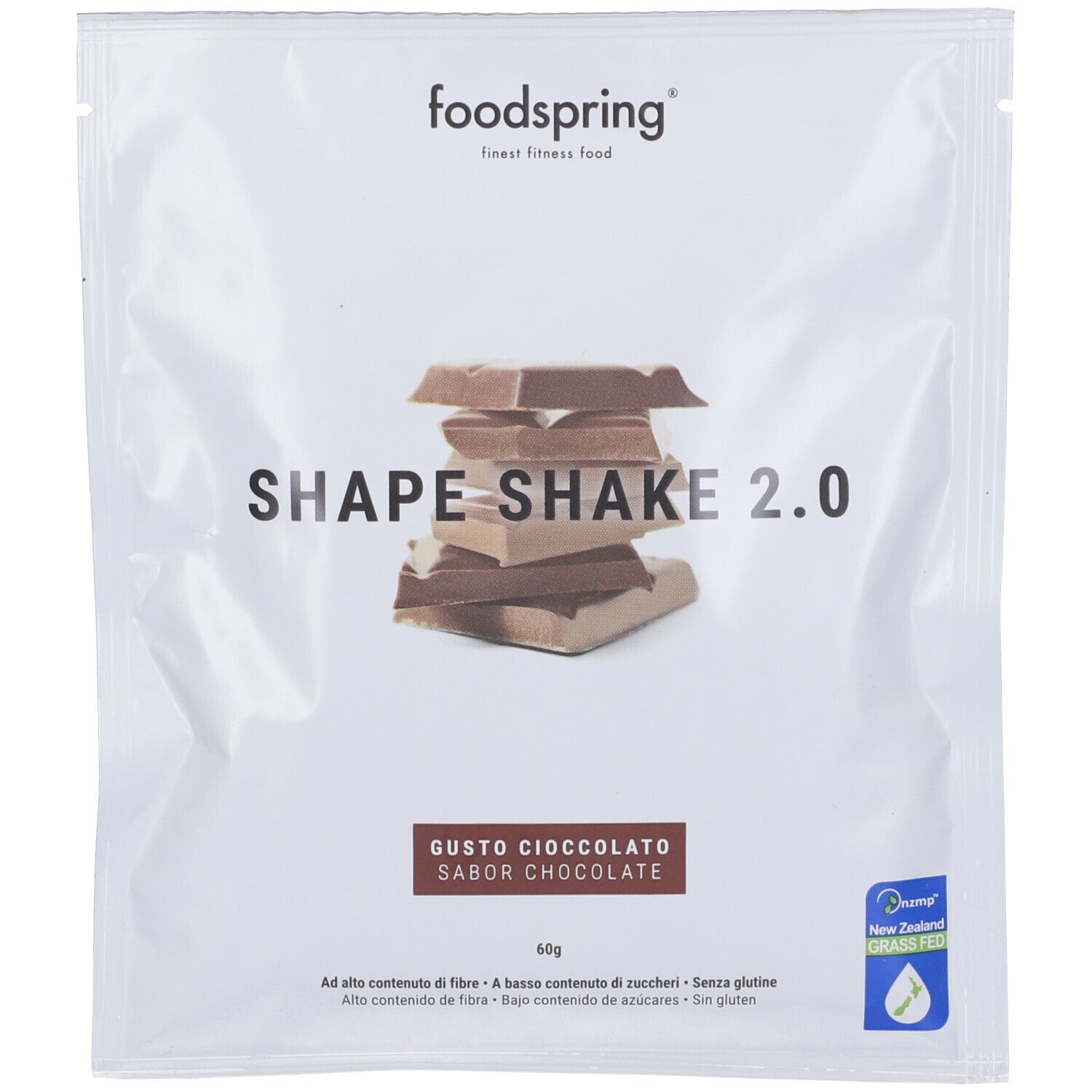 Busta Shape Shake 2.0. Marchio Foodspring, pezzi di cioccolato, gusto Cioccolato. Con certificazione.