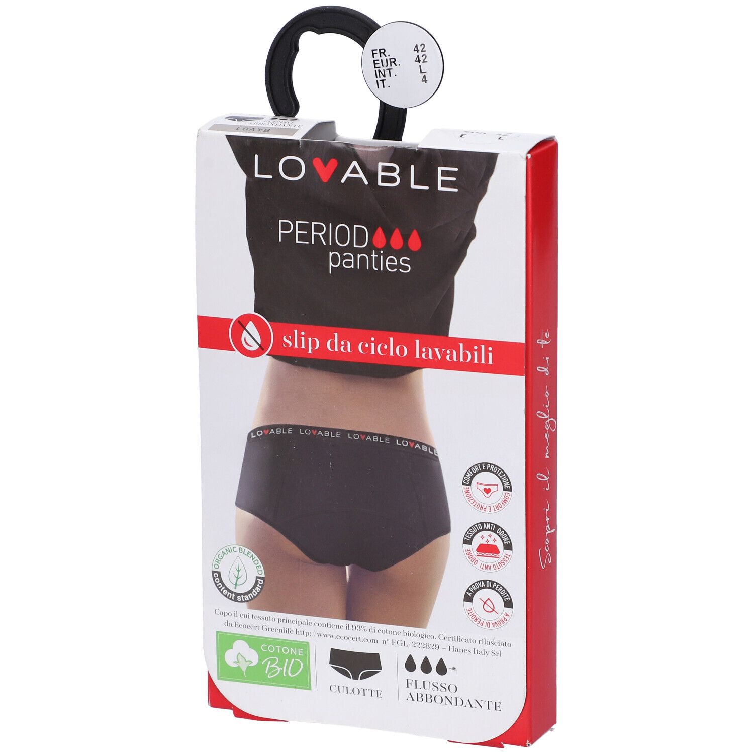 Confezione slip mestruali Lovable neri. Scritte: Period panties, cotone bio, lavabile.