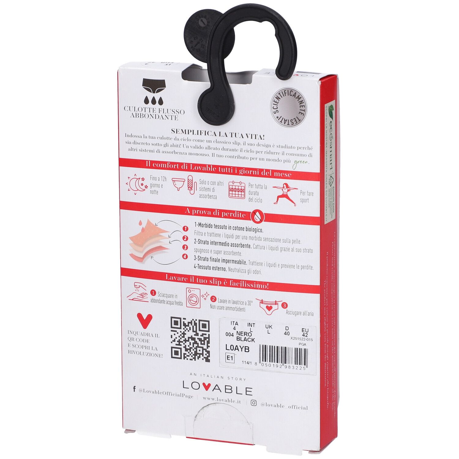 Retro della confezione con informazioni sullo slip mestruale Lovable. Simboli di lavaggio, QR code, taglie.