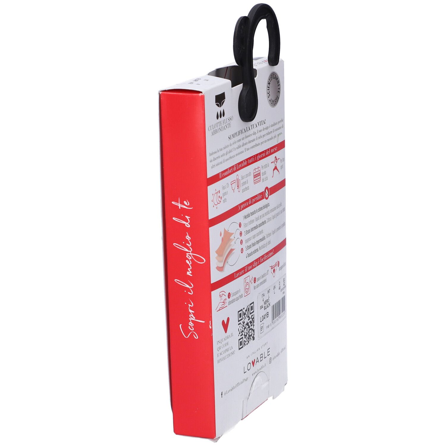 Vista laterale della confezione con informazioni sullo slip mestruale Lovable. Simboli di lavaggio, QR code, taglie.