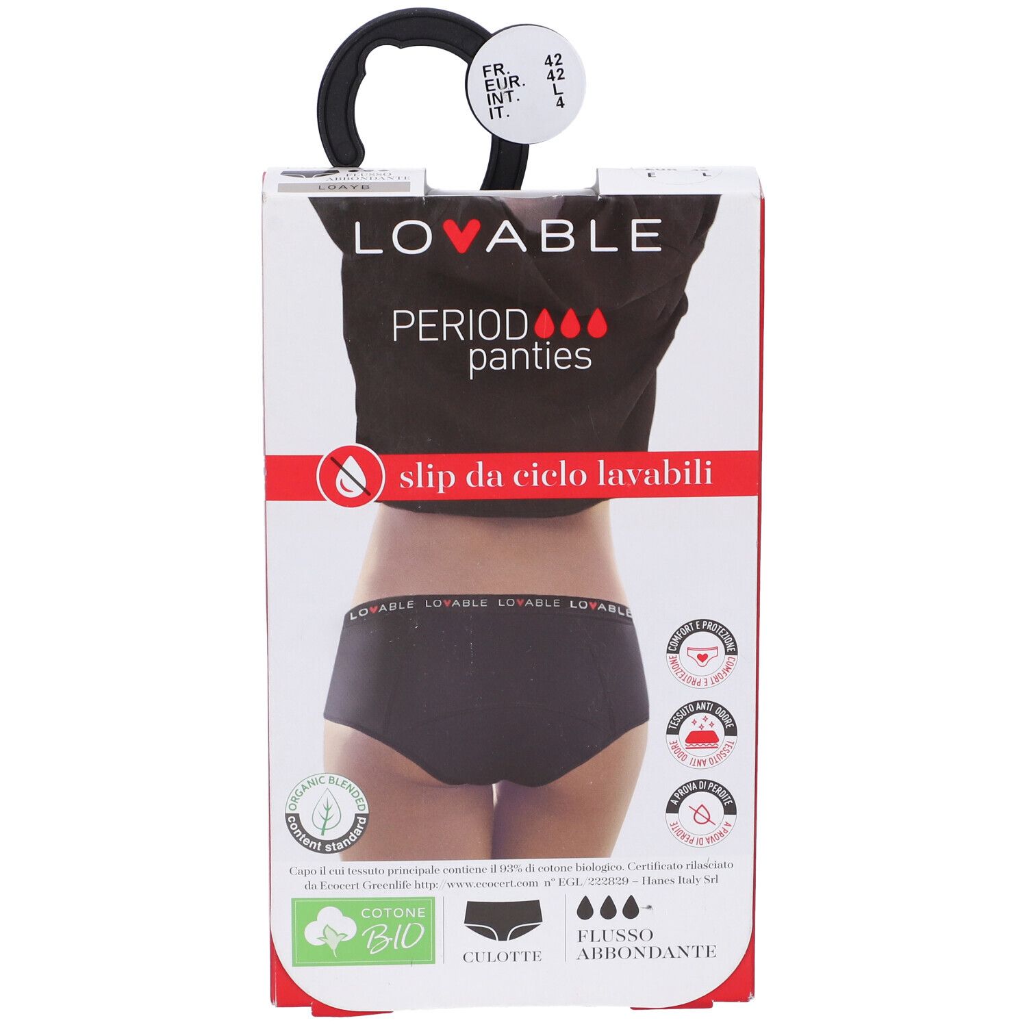 Confezione slip mestruali Lovable neri. Scritte: Period panties, cotone bio, lavabile.