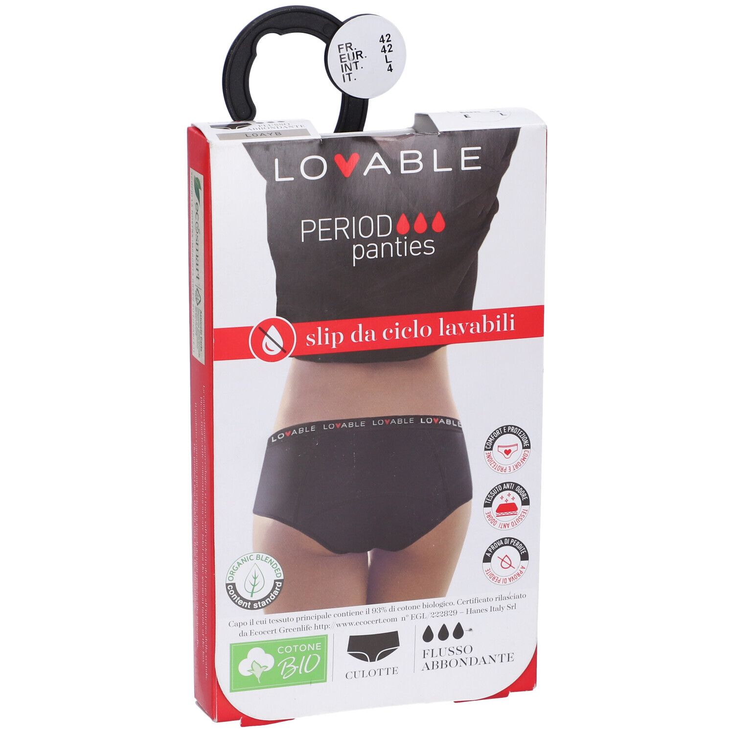 Confezione slip mestruali Lovable neri. Scritte: Period panties, cotone bio, lavabile.