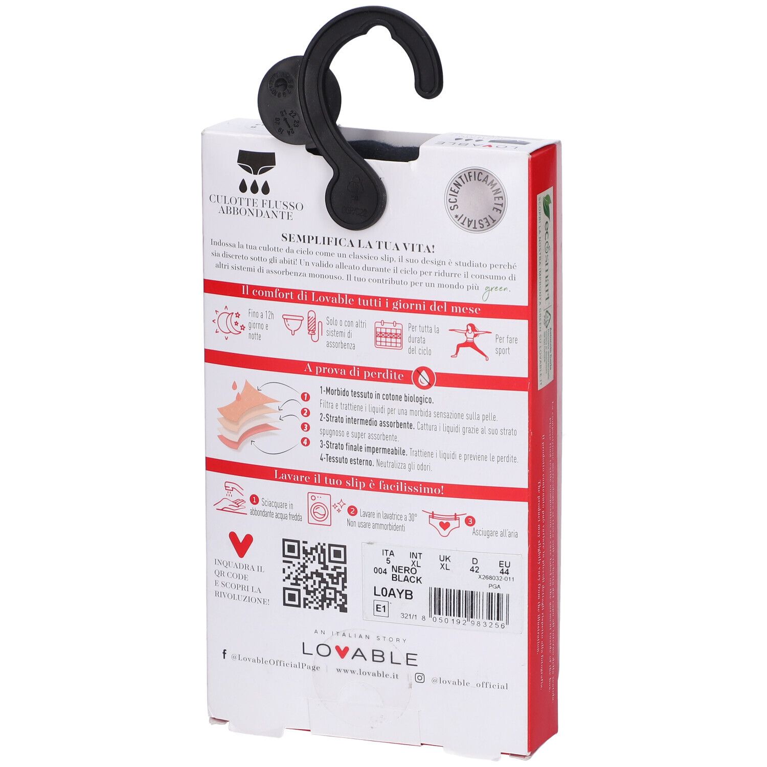 Retro confezione. Scritto: Culotte Flusso Abbondante. Qualità certificata. Istruzioni lavaggio. QR code.