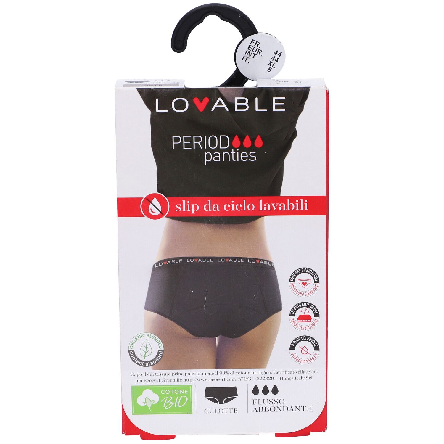 Confezione LOVABLE con slip nero. Scritto: Period Panties, slip da ciclo lavabili. Cotone bio. Taglia XL.