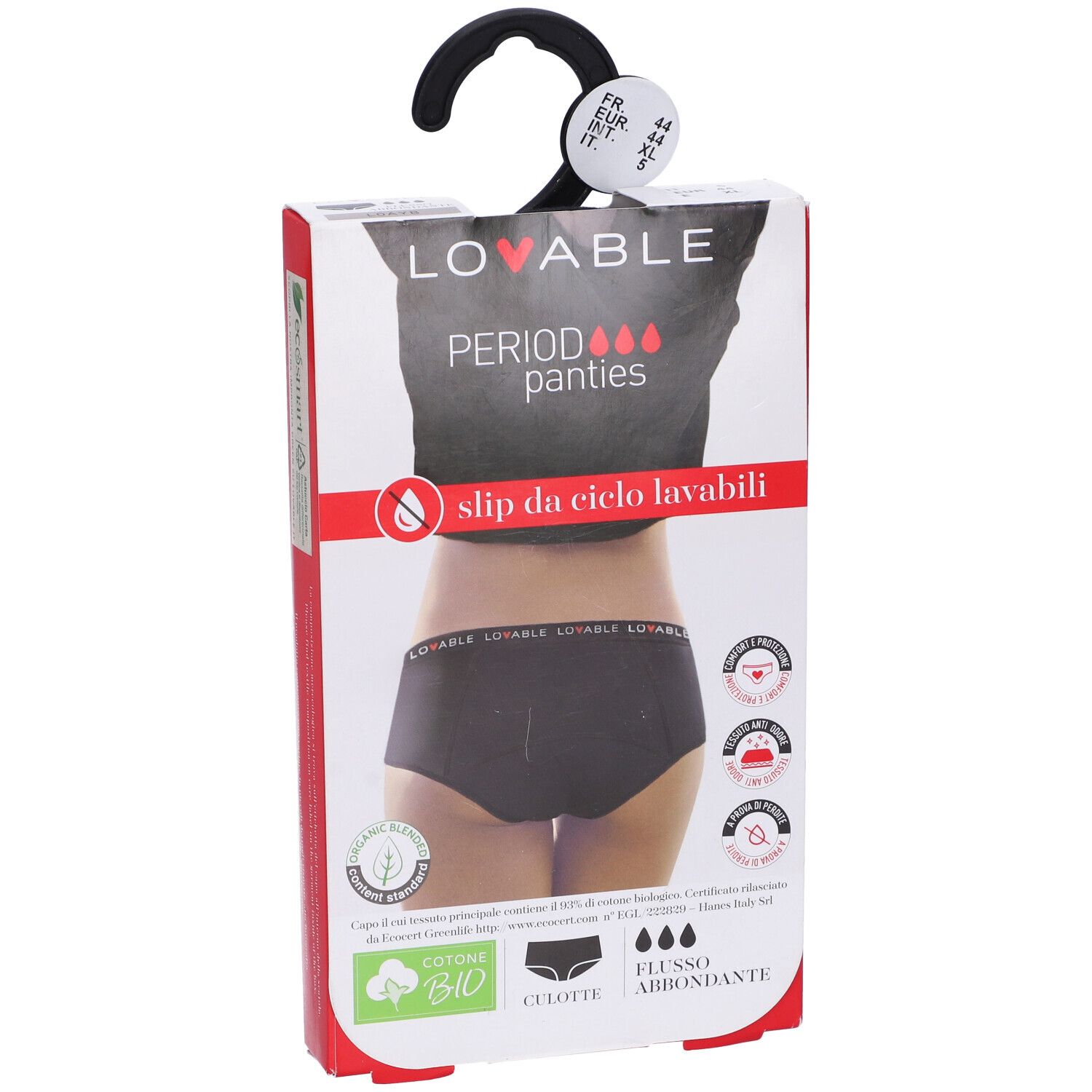 Confezione LOVABLE con slip nero. Scritto: Period Panties, slip da ciclo lavabili. Cotone bio. Taglia XL.
