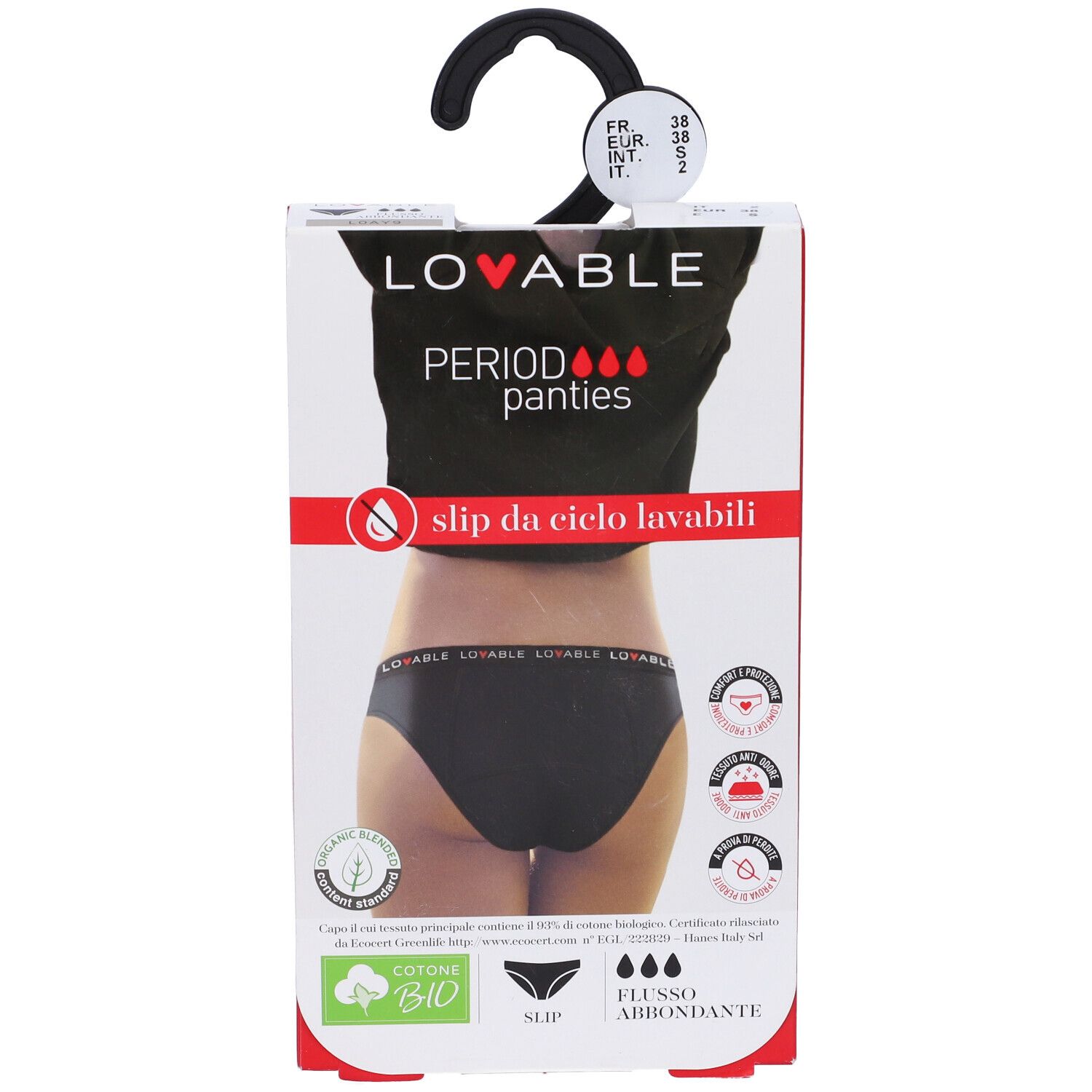 Confezione con slip nero. Scritte: LOVABLE, PERIOD panties, slip da cielo lavabili. Cotone bio.