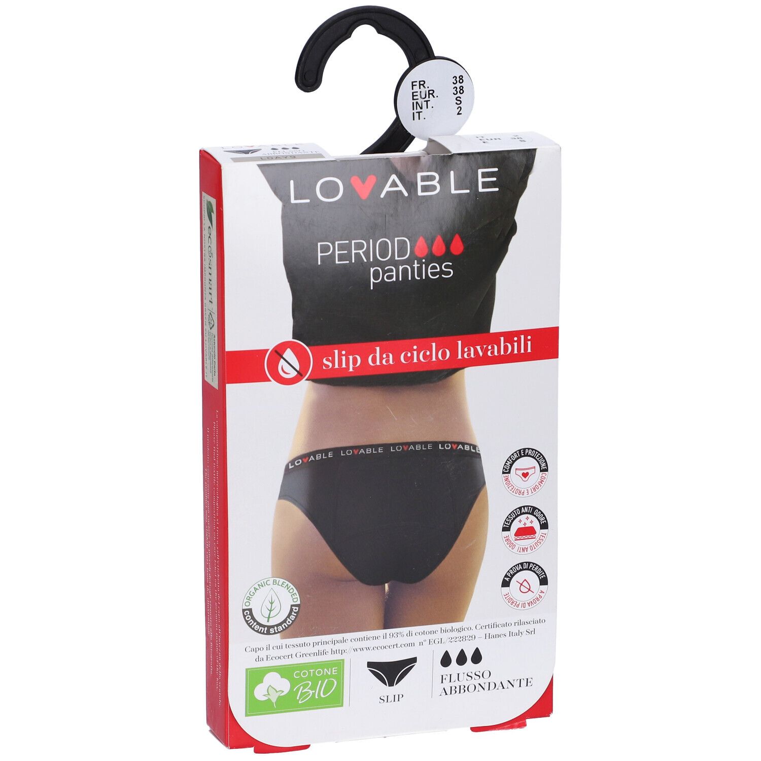 Confezione con slip nero. Scritte: LOVABLE, PERIOD panties, slip da cielo lavabili. Cotone bio.