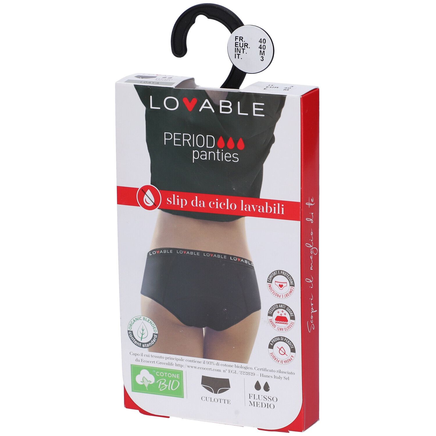 Confezione Lovable Culotte Flus Med Ne M nera. Scritto: Period Panties, slip da ciclo lavabili. Cotone bio.