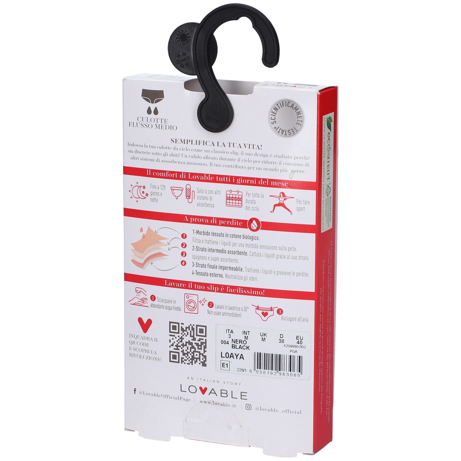 Retro confezione Lovable Culotte Flus Med Ne M. Testo: Flusso Medio, simboli di lavaggio, QR code, taglie, certificazione.