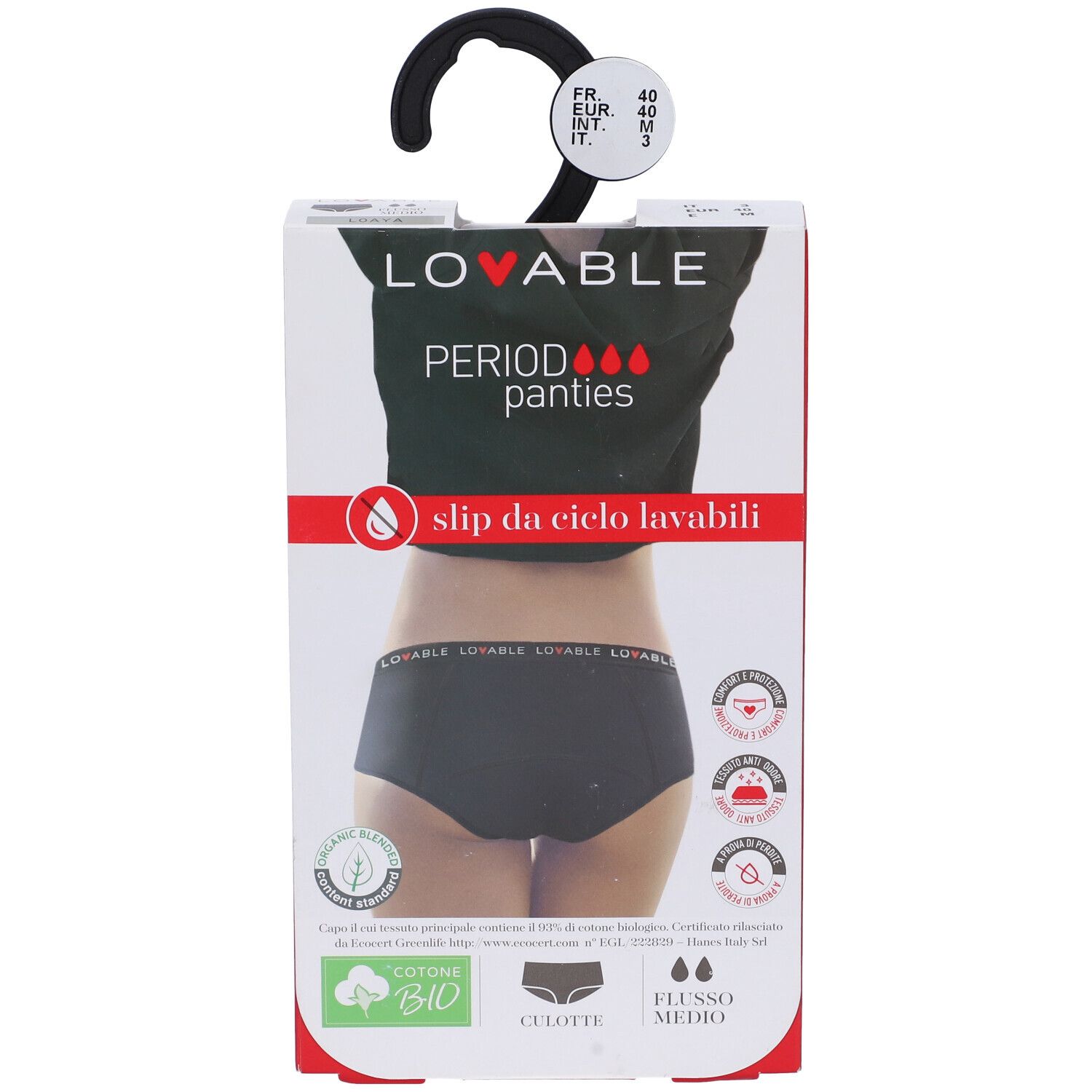 Confezione Lovable Culotte Flus Med Ne M nera. Scritto: Period Panties, slip da ciclo lavabili. Cotone bio.