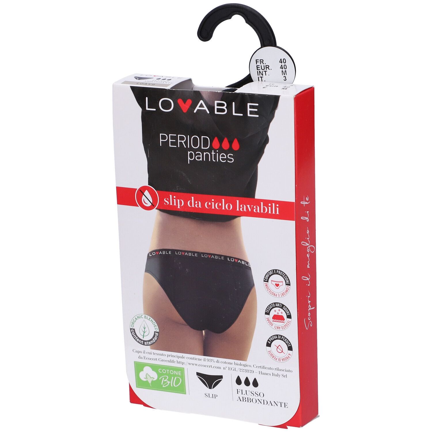 Confezione con slip nero. Scritte: LOVABLE, Period Panties, slip da ciclo lavabili. Con gancio.