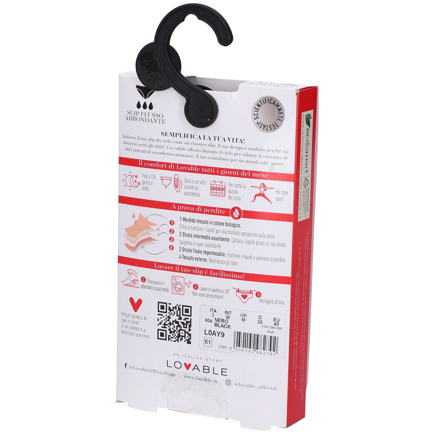 Retro confezione con informazioni. Testo: LOVABLE, slip da ciclo lavabili. Con QR code e simboli di lavaggio.