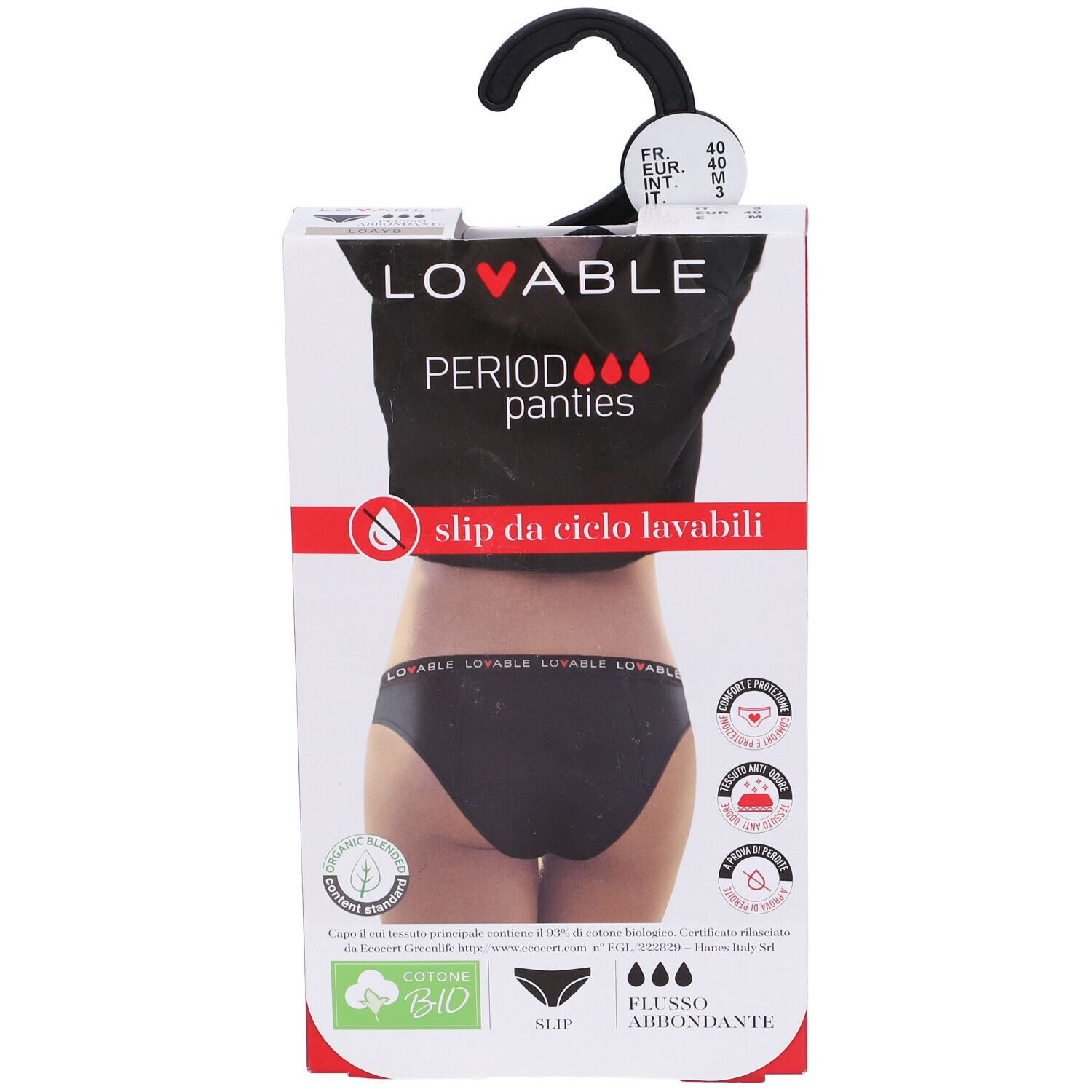 Confezione con slip nero. Scritte: LOVABLE, Period Panties, slip da ciclo lavabili. Con gancio.