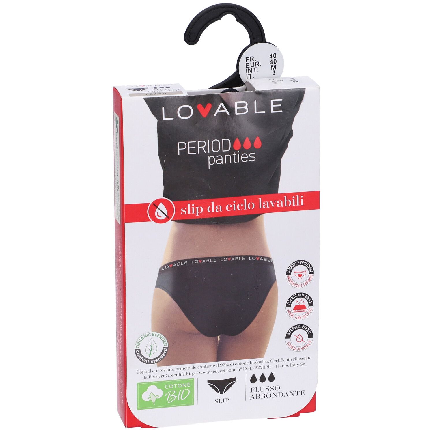 Confezione con slip nero. Scritte: LOVABLE, Period Panties, slip da ciclo lavabili. Con gancio.