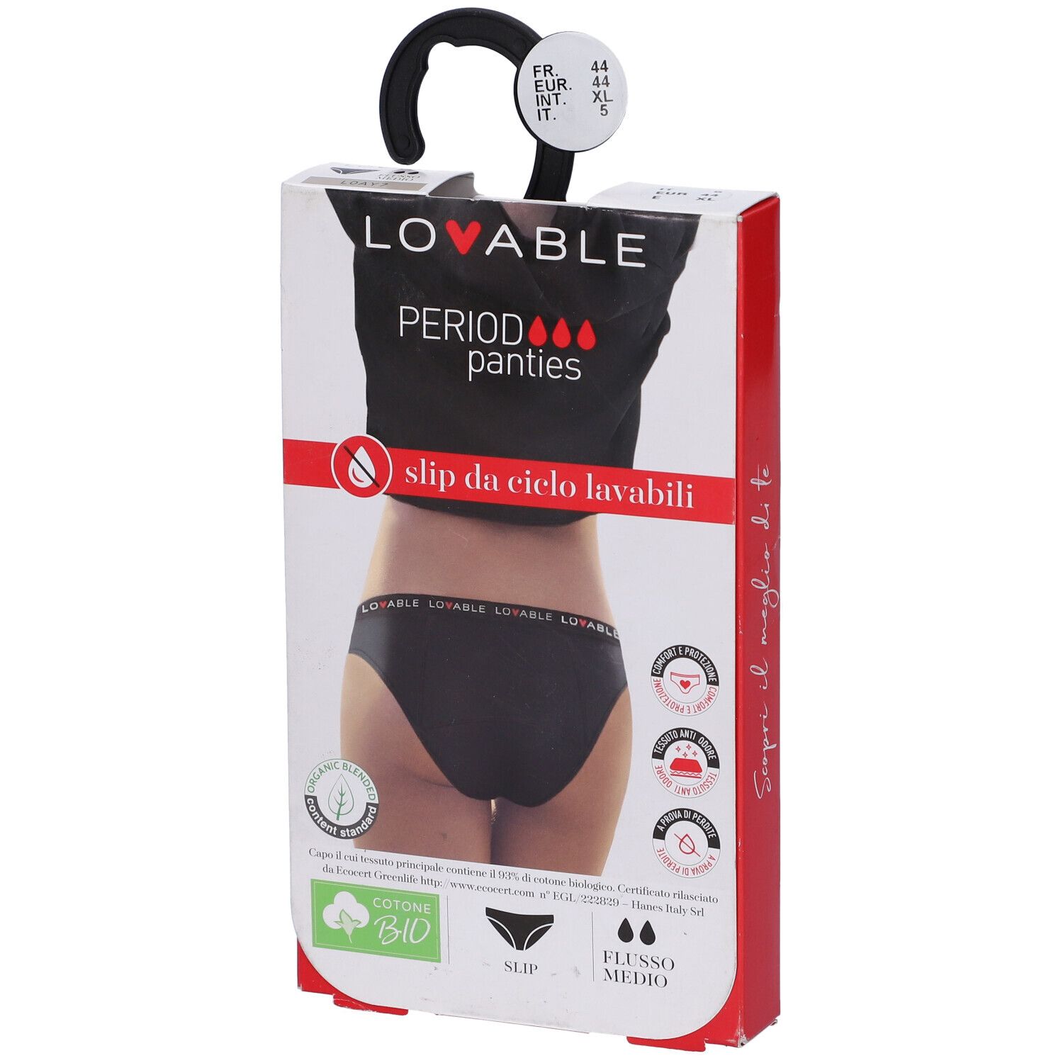 Confezione slip nero LOVABLE. Scritto: Period panties, slip da ciclo lavabili. Cotone bio. Taglia 44.