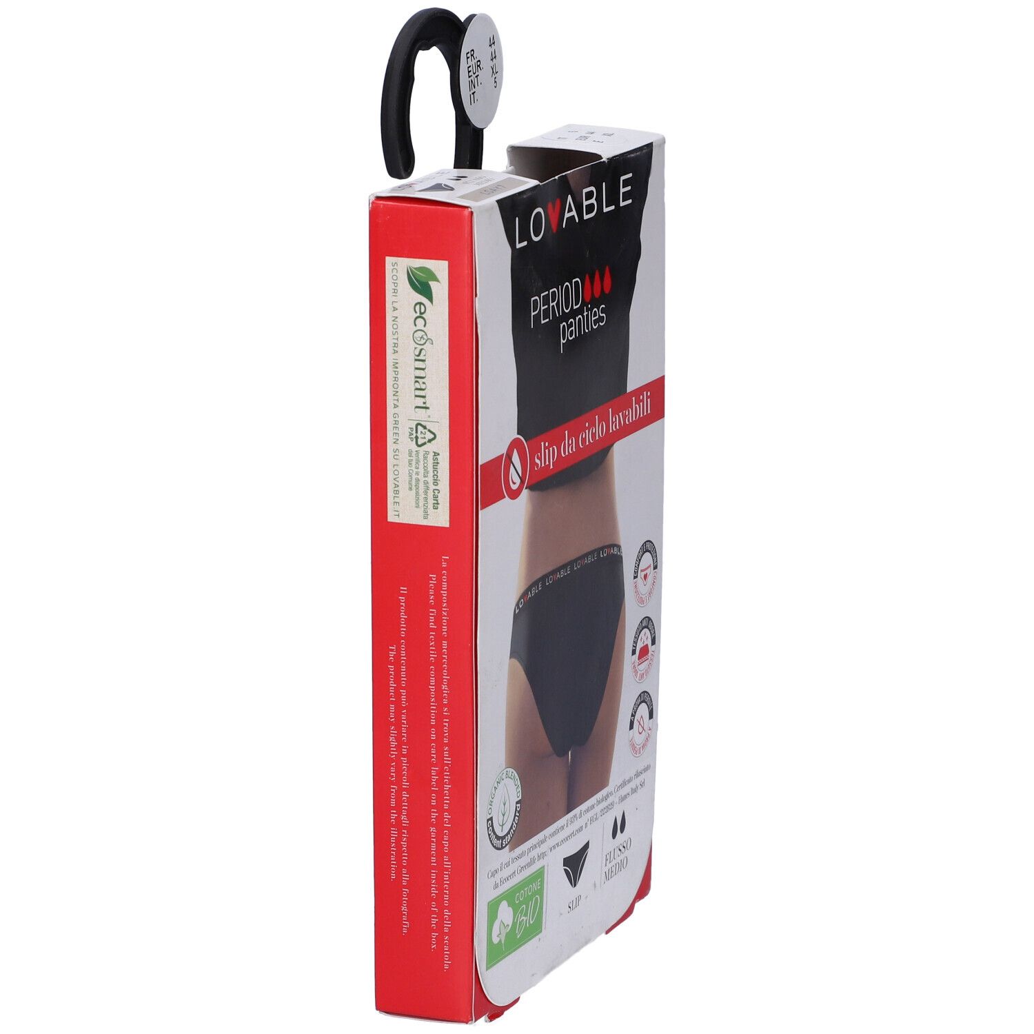 Confezione slip nero LOVABLE. Scritto: Period panties, slip da ciclo lavabili. Eco Smart. Vista laterale.
