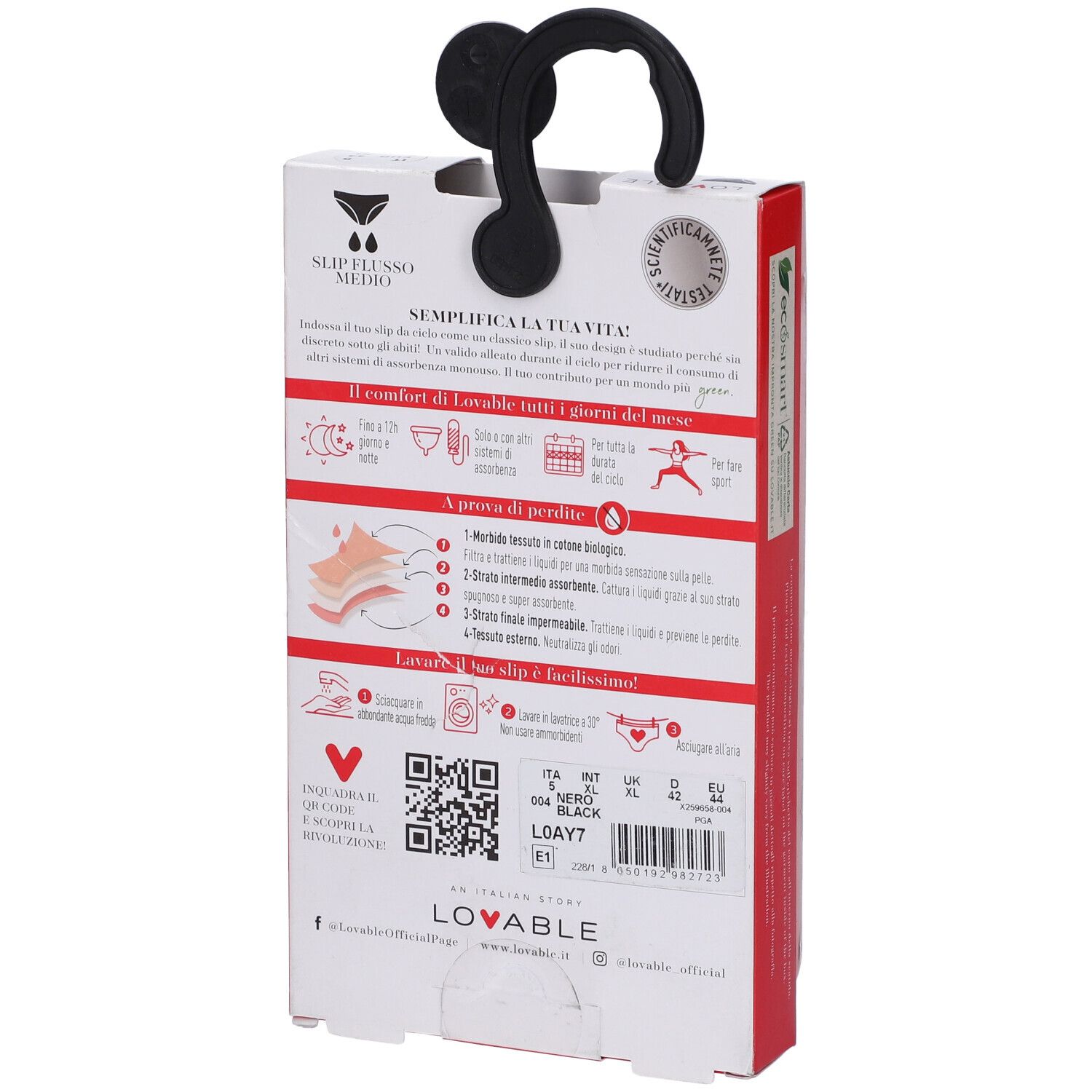 Retro confezione. LOVABLE. Informazioni prodotto. Slip da ciclo lavabili. Codice QR. Taglia XL.