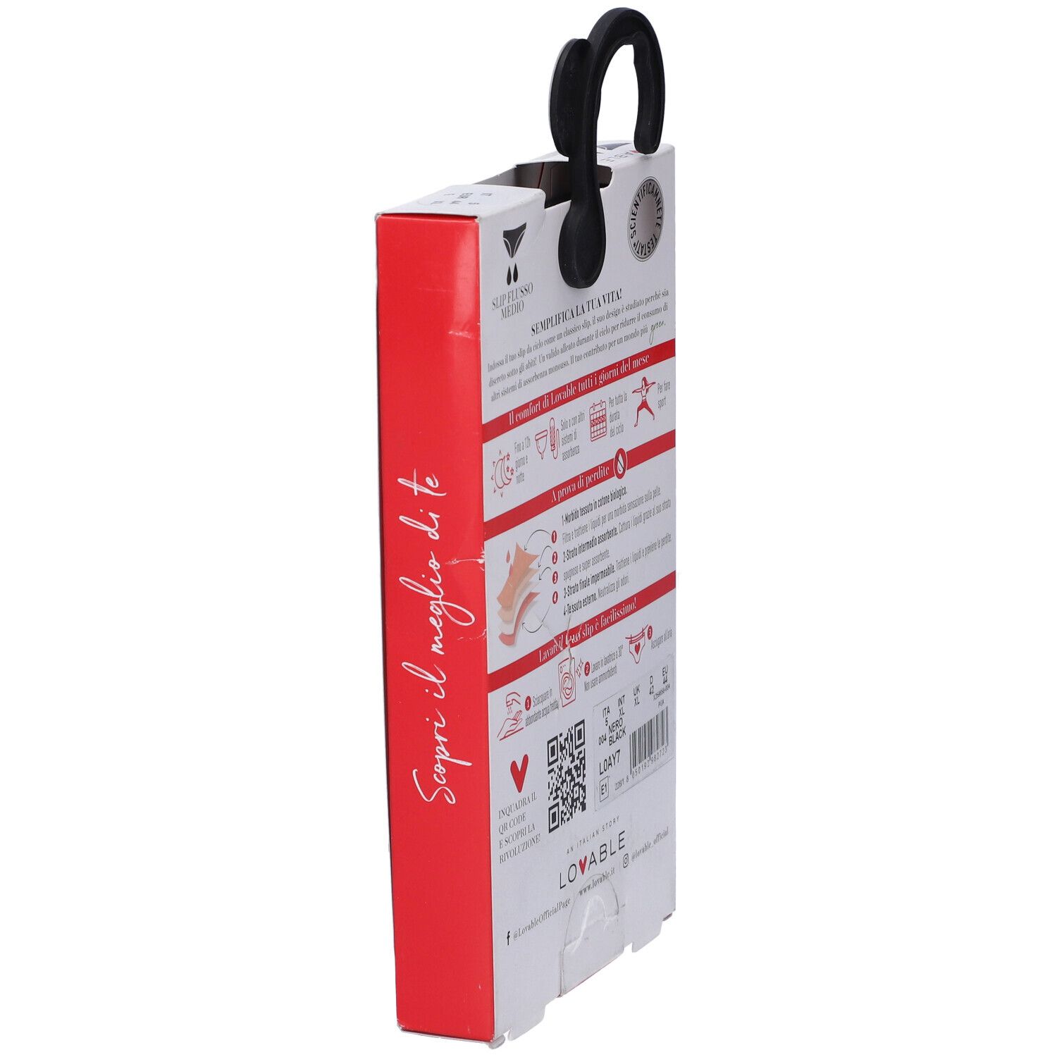 Confezione, lato rosso. LOVABLE. Informazioni prodotto. Slip da ciclo lavabili. Taglia XL.
