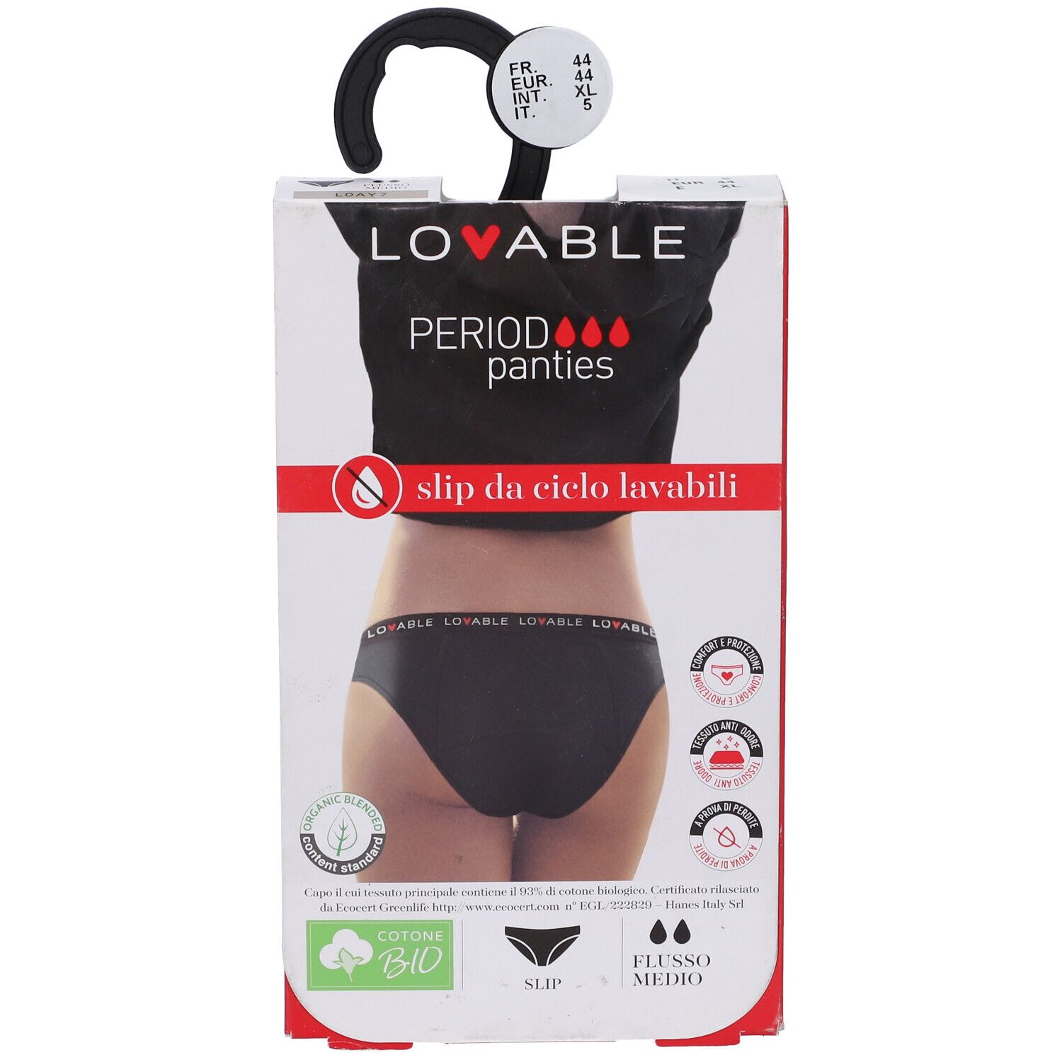Confezione slip nero LOVABLE. Scritto: Period panties, slip da ciclo lavabili. Cotone bio. Taglia 44.