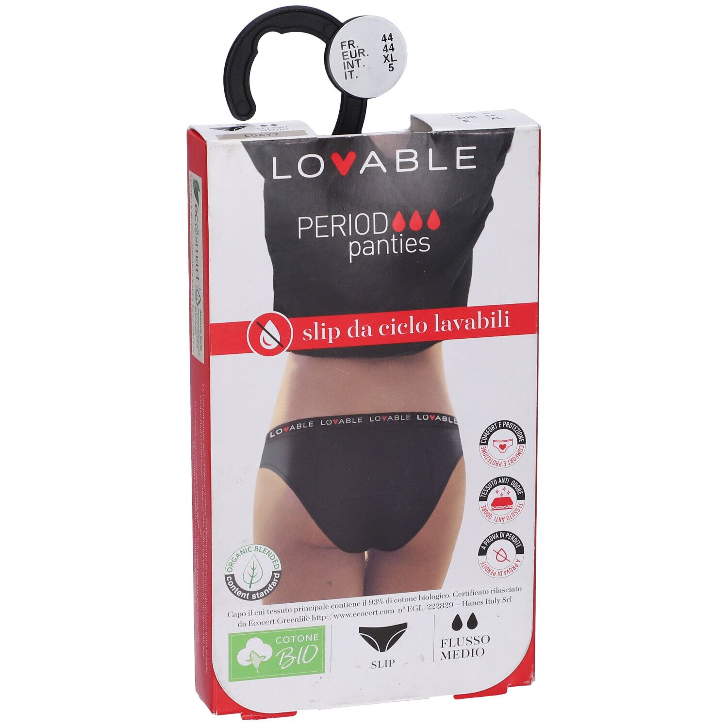 Confezione slip nero LOVABLE. Scritto: Period panties, slip da ciclo lavabili. Cotone bio. Taglia 44.
