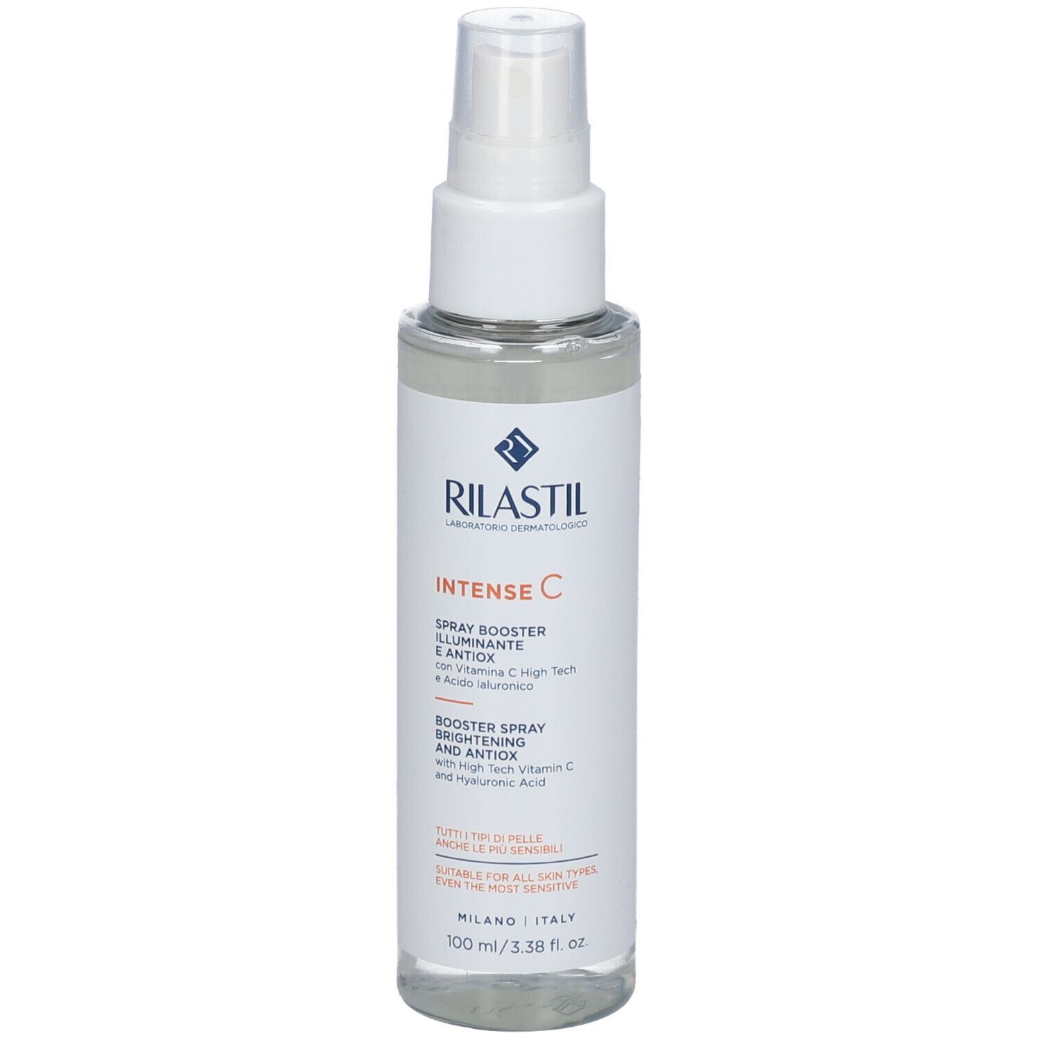 Rilastil Intense C Spray Booster. Flacone bianco con erogatore spray. Etichetta con testo e logo.