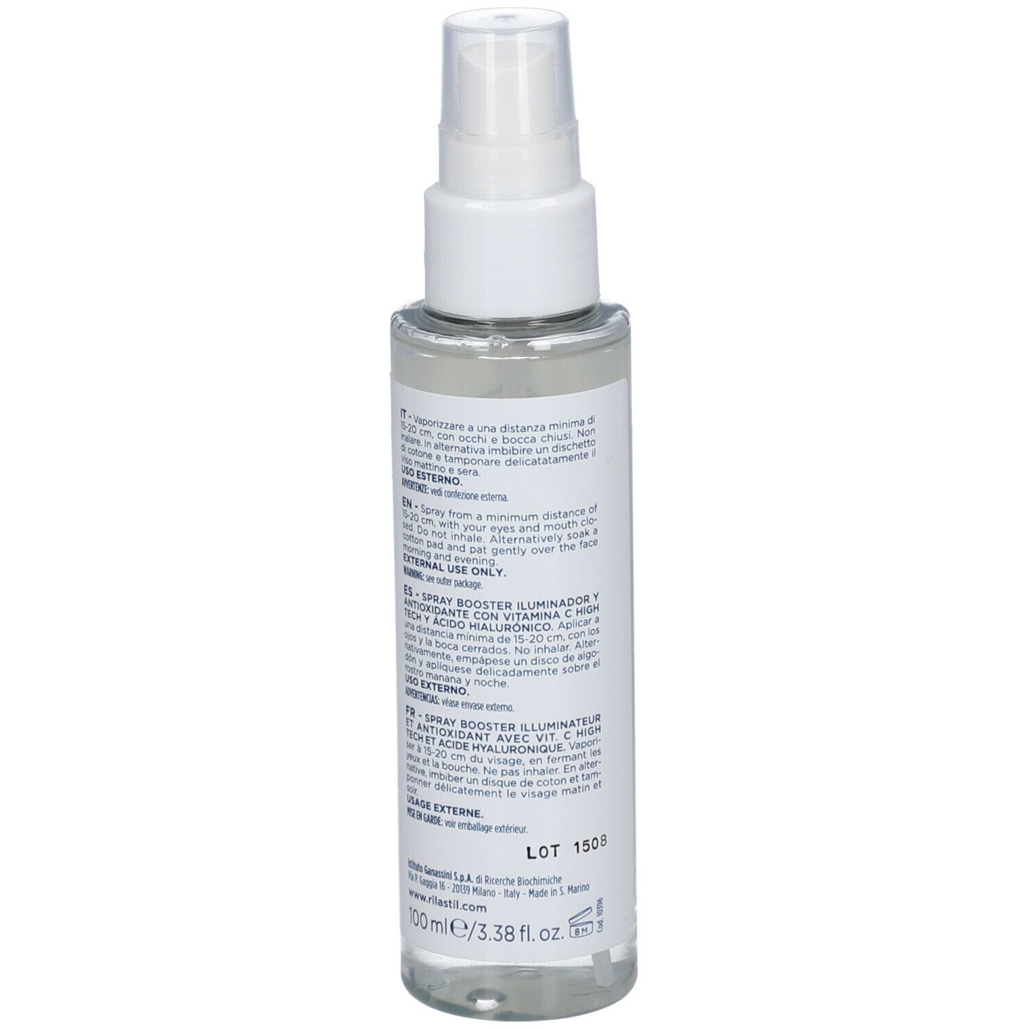 Retro del flacone Rilastil Intense C Spray Booster. Etichetta con testo. Liquido trasparente visibile.