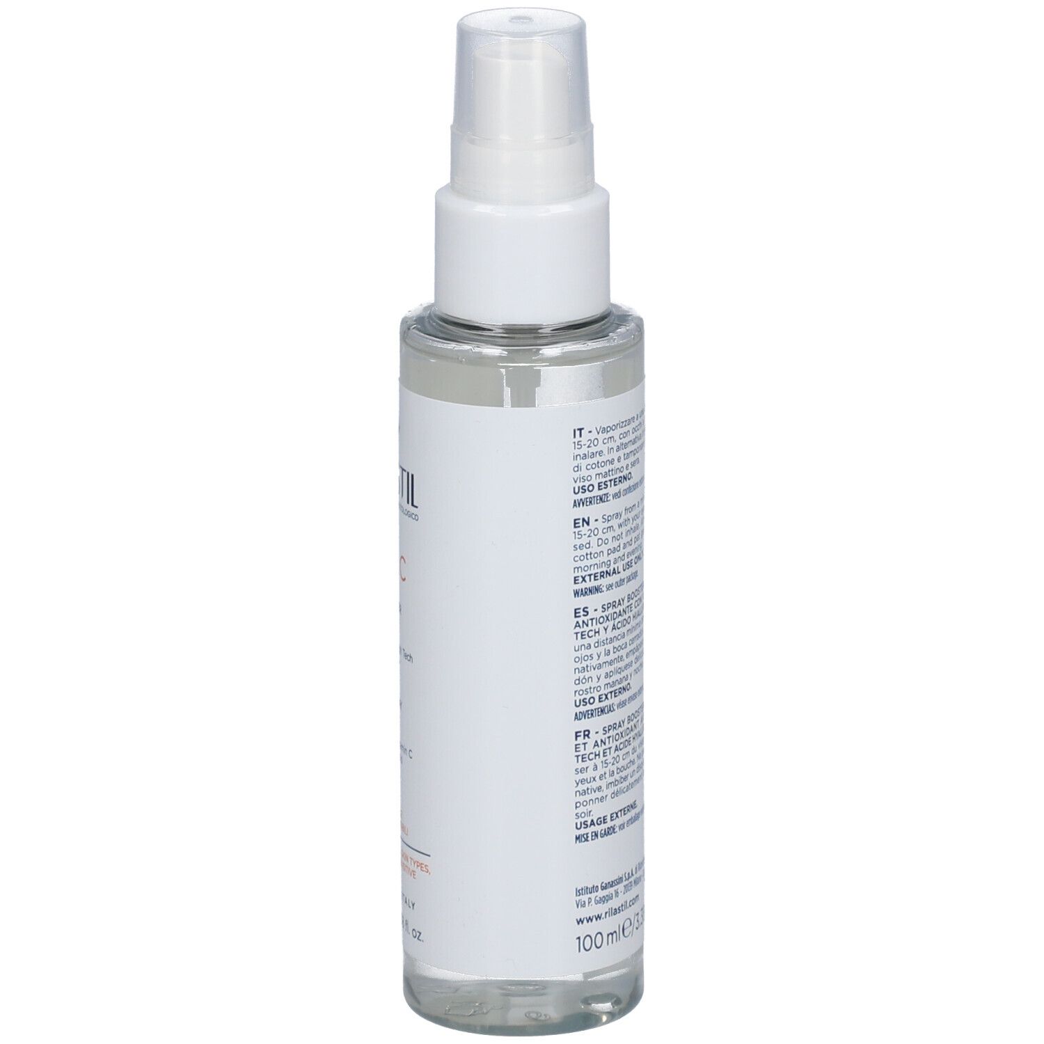 Retro del flacone Rilastil Intense C Spray Booster. Etichetta con testo. Liquido trasparente visibile.