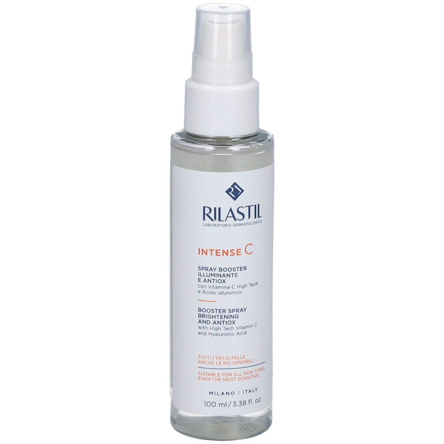 Rilastil Intense C Spray Booster. Flacone bianco con erogatore spray. Etichetta con testo e logo.