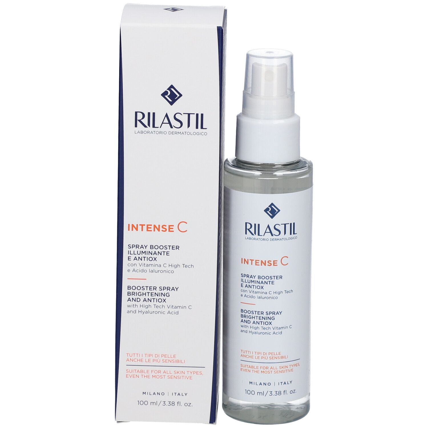 Rilastil Intense C Spray Booster e confezione. Flacone bianco e scatola. Testo e logo visibili.