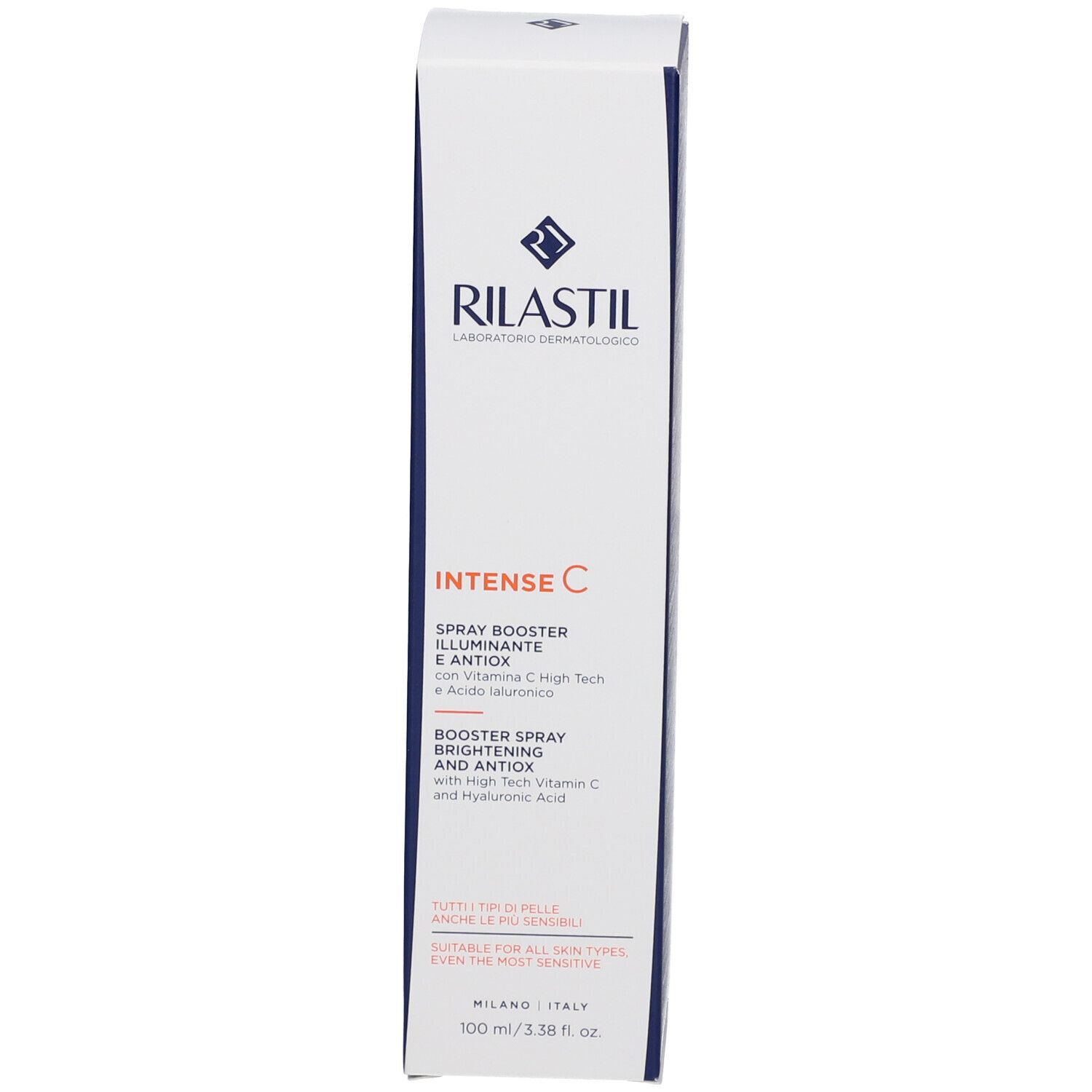 Confezione Rilastil Intense C Spray Booster. Scatola bianca con testo e logo. Immagine del prodotto.