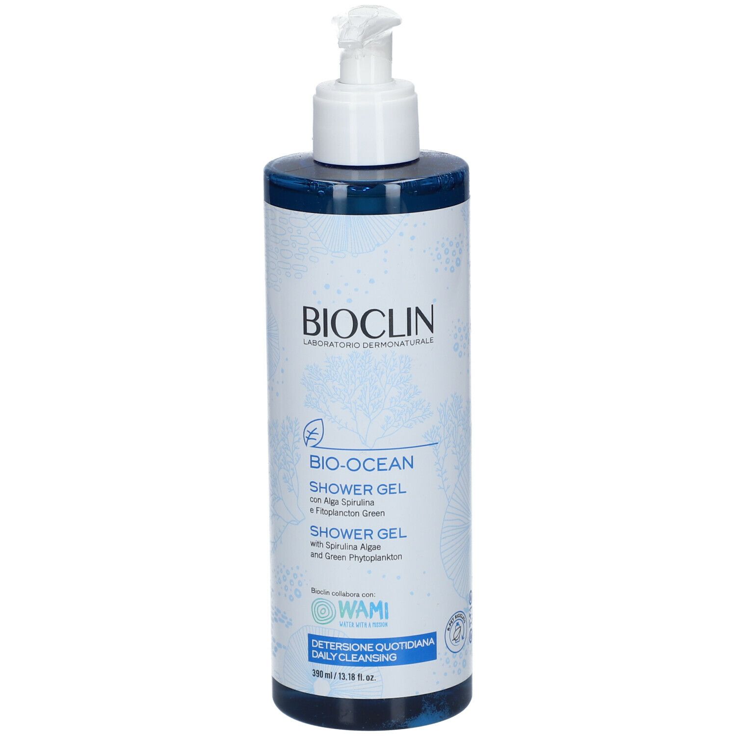 Flacone blu trasparente con dosatore bianco. BIOCLIN, Bio-Ocean Shower Gel. Con alghe e fitoplancton. 200ml.