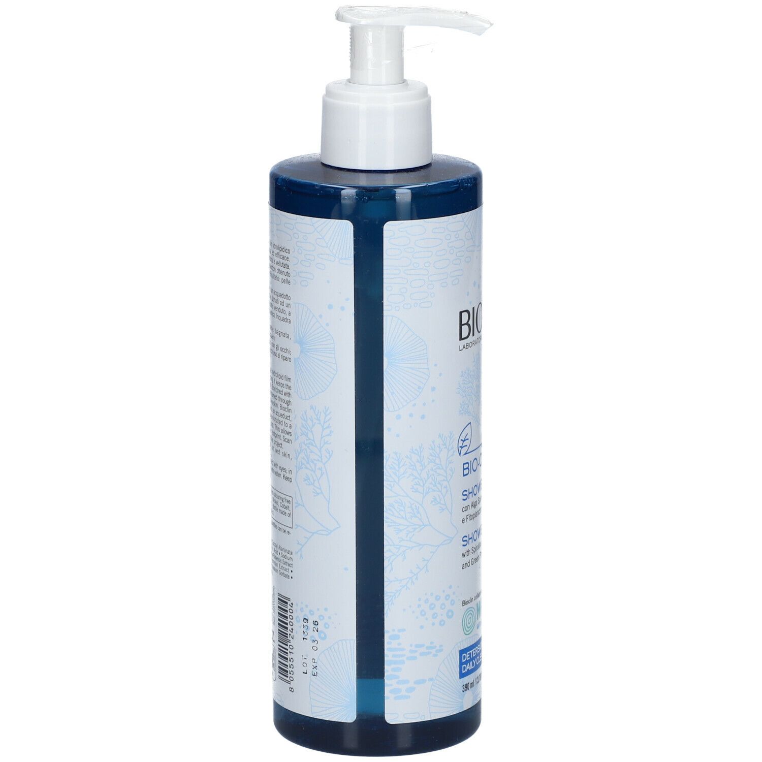 Flacone blu trasparente con dosatore bianco. Scritta BIOCLIN, Bio-Ocean Shower Gel. Retro con testo.