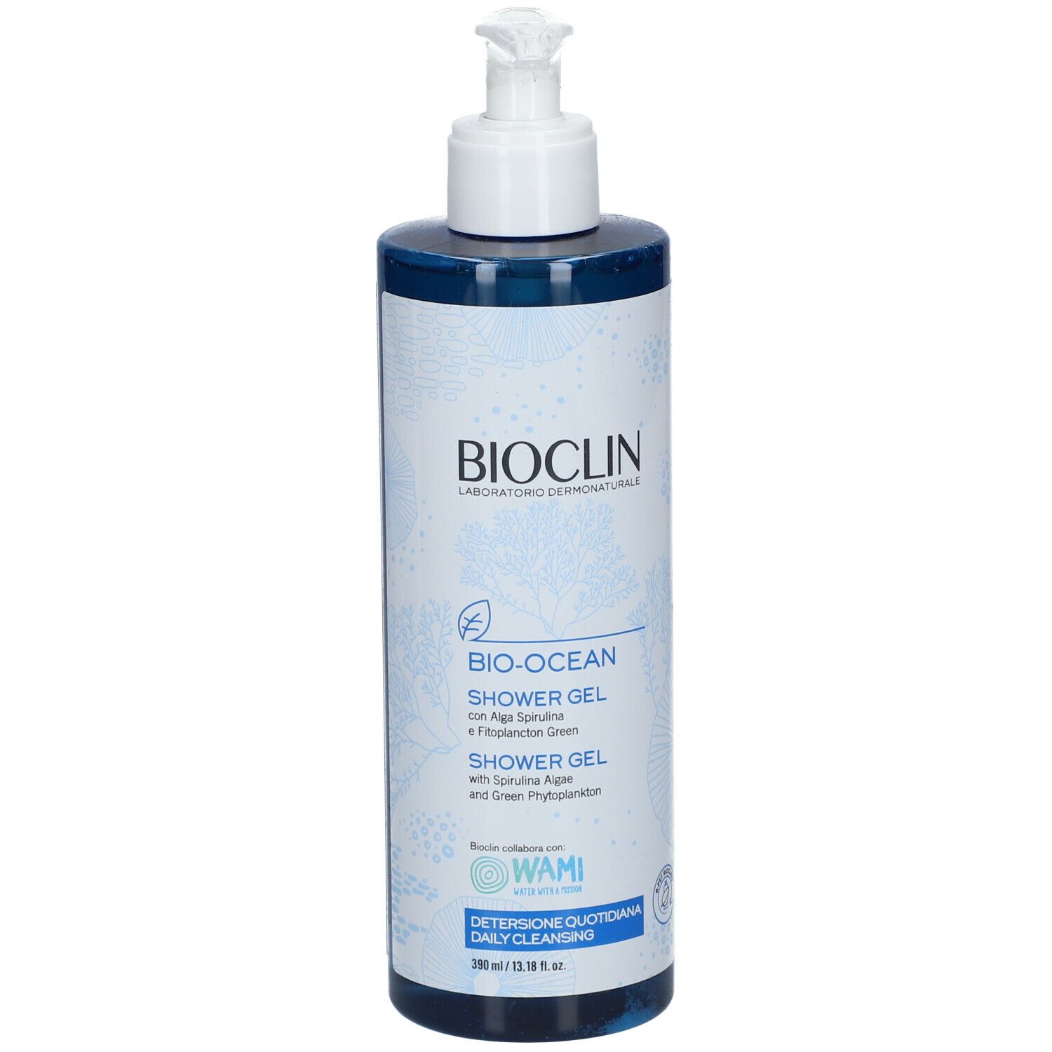 Flacone blu trasparente con dosatore bianco. BIOCLIN, Bio-Ocean Shower Gel. Con alghe e fitoplancton. 200ml.
