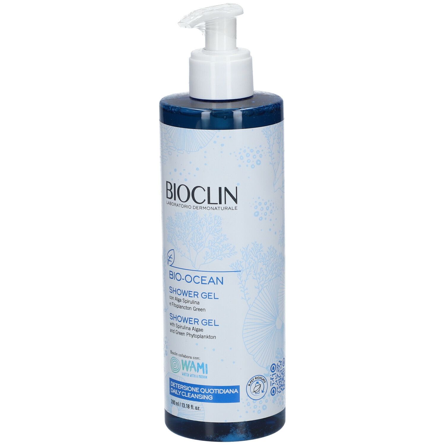 Flacone blu trasparente con dosatore bianco. BIOCLIN, Bio-Ocean Shower Gel. Con alghe e fitoplancton. 200ml.