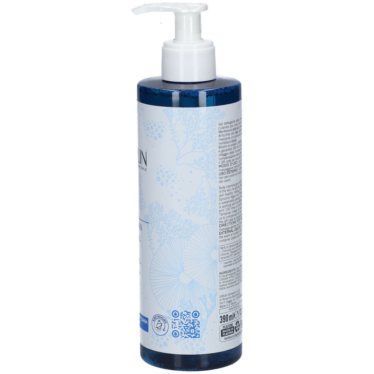 Flacone blu trasparente con dosatore bianco. Retro con testo. BIOCLIN, Bio-Ocean Shower Gel. 390ml.
