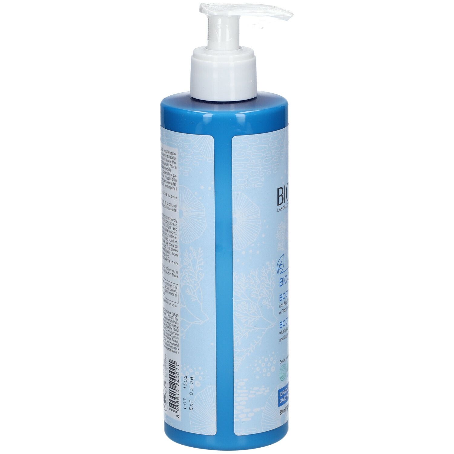 BIOCLIN Bio-Ocean Body Lotion. Vista posteriore del flacone blu con erogatore bianco. Testo sull'etichetta.