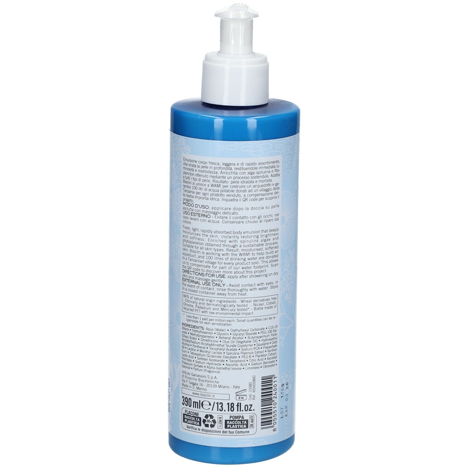 BIOCLIN Bio-Ocean Body Lotion. Vista posteriore del flacone blu con erogatore bianco. Testo e informazioni.