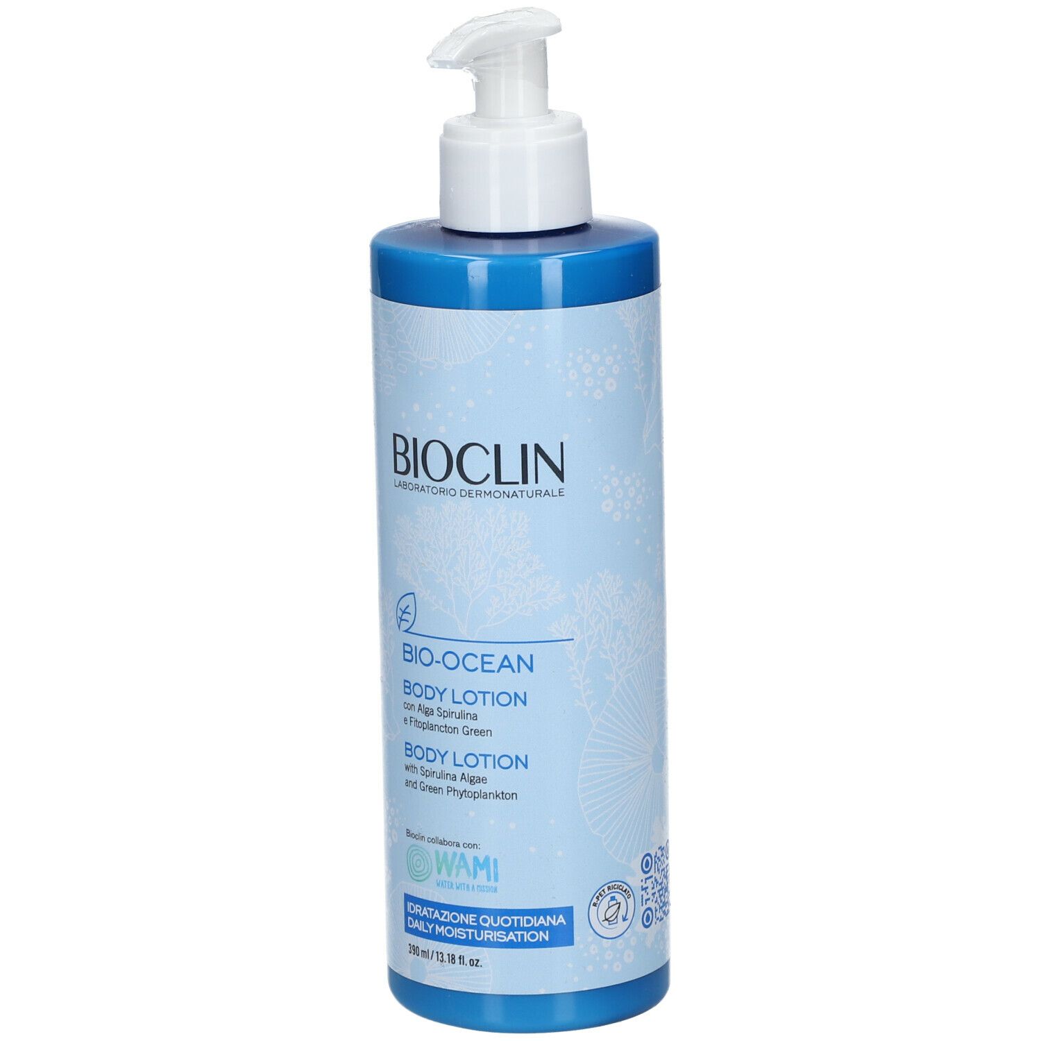 BIOCLIN Bio-Ocean Body Lotion. Flacone blu con erogatore bianco. Etichetta del prodotto con testo.