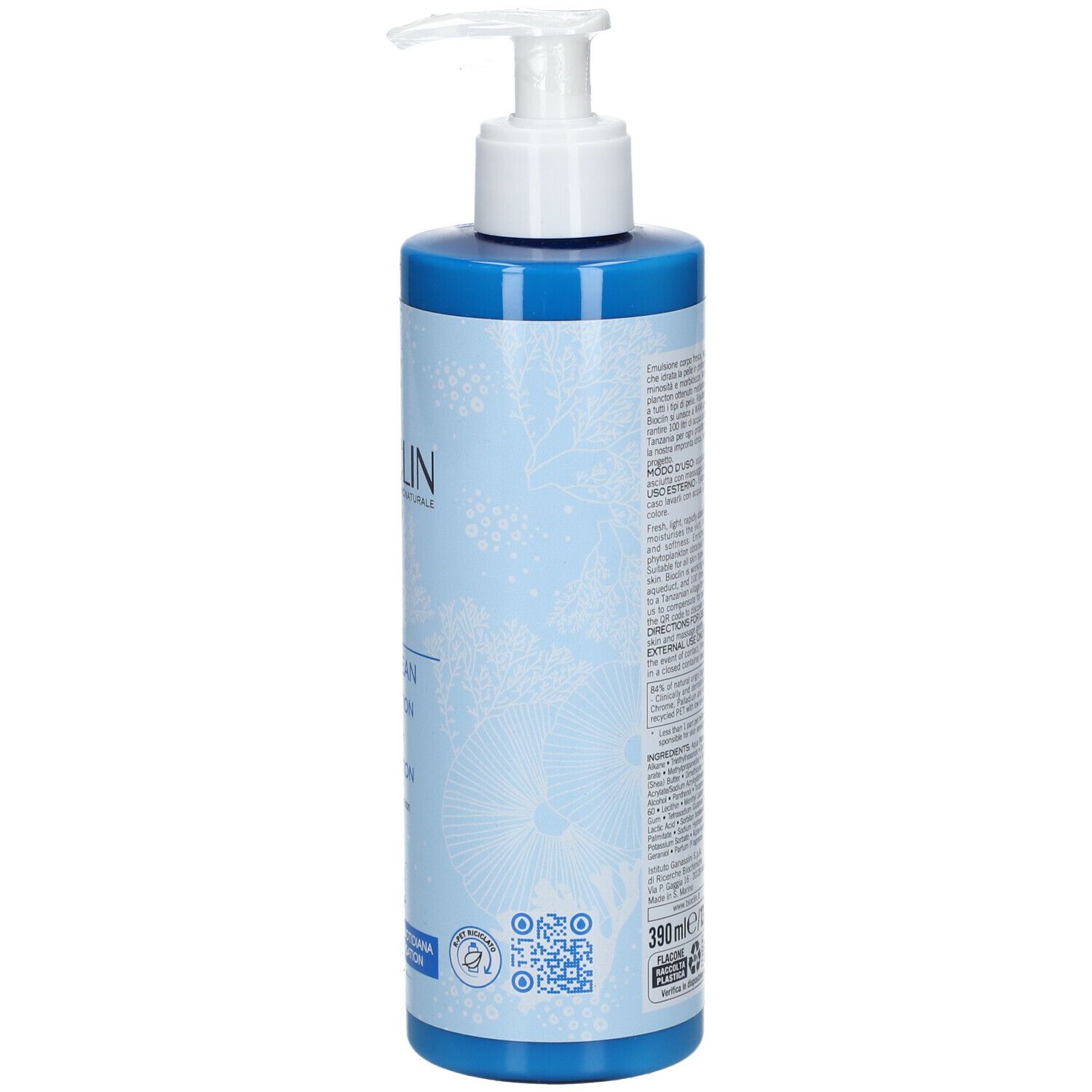 BIOCLIN Bio-Ocean Body Lotion. Vista posteriore del flacone blu con erogatore bianco. Testo e informazioni.