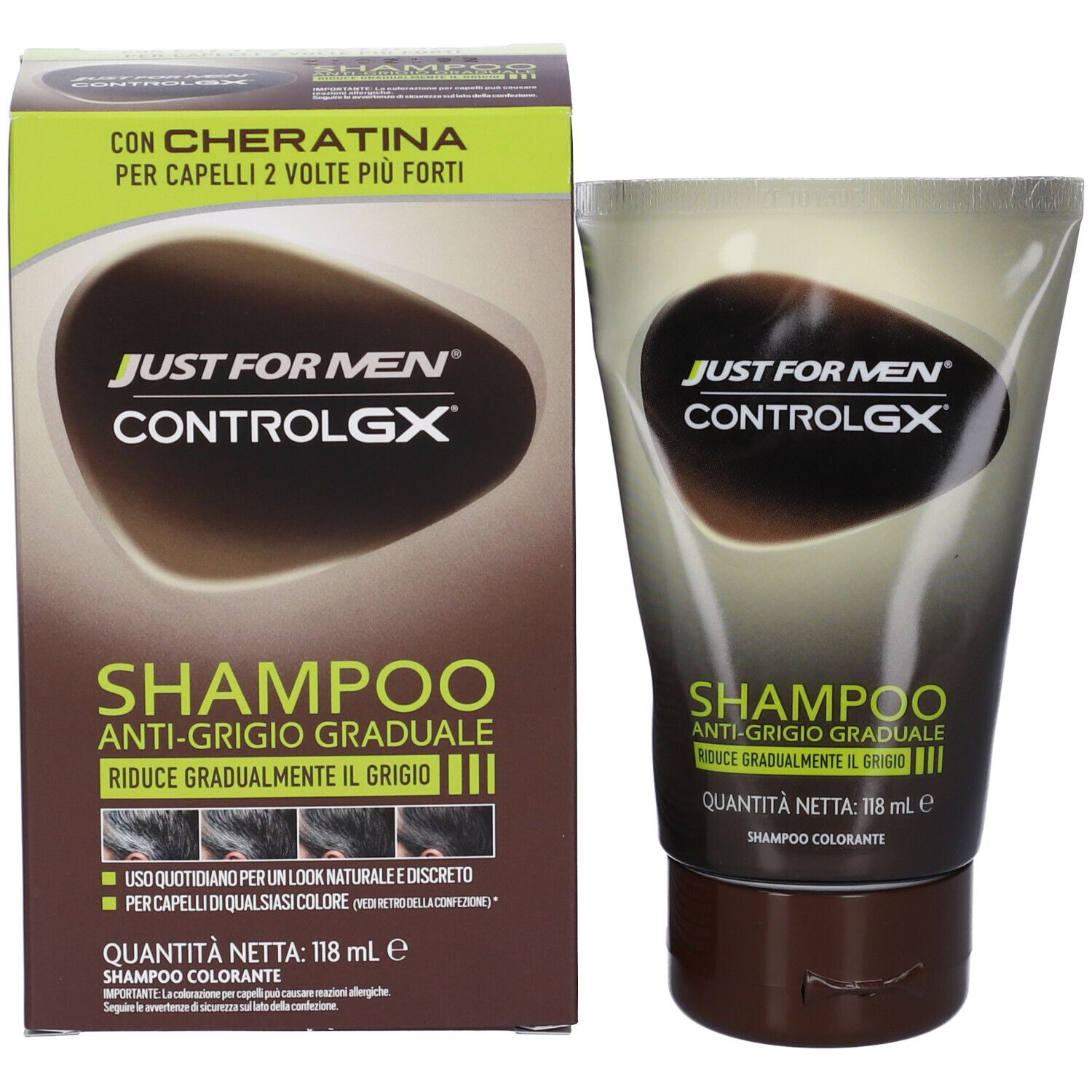 Just For Men Control GX Shampoo-Verpackung und Tube. Anti-Grau-Shampoo mit Keratin.