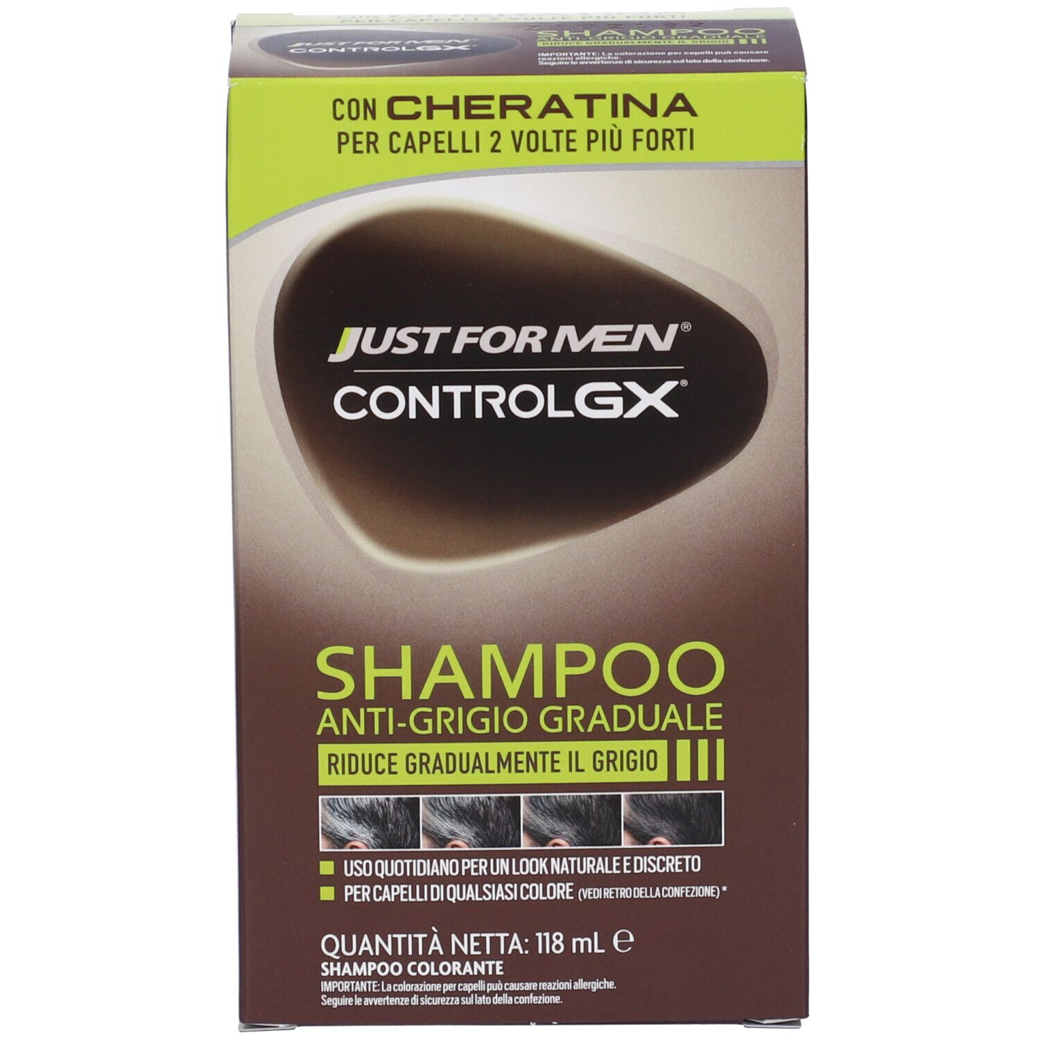 Verpackung von Just For Men Control GX Shampoo, Anti-Grau, 118 ml.