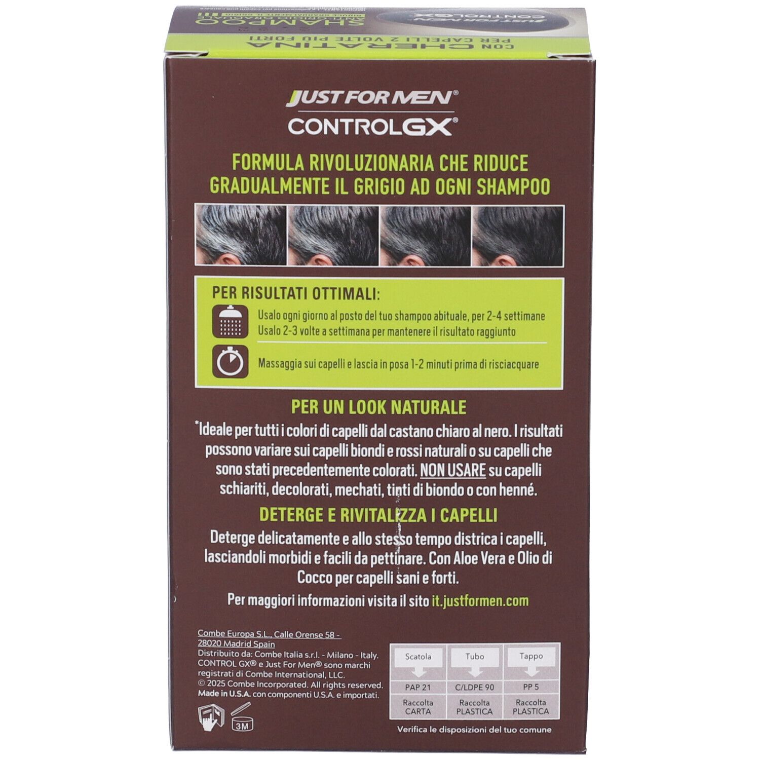Verpackung für Just For Men Control GX Shampoo, das graues Haar schrittweise reduziert.