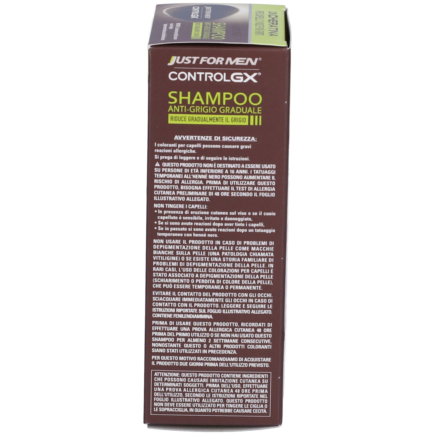 Verpackung von Just For Men Control GX Shampoo, Anti-Grau, Gradueller Grauschleier.