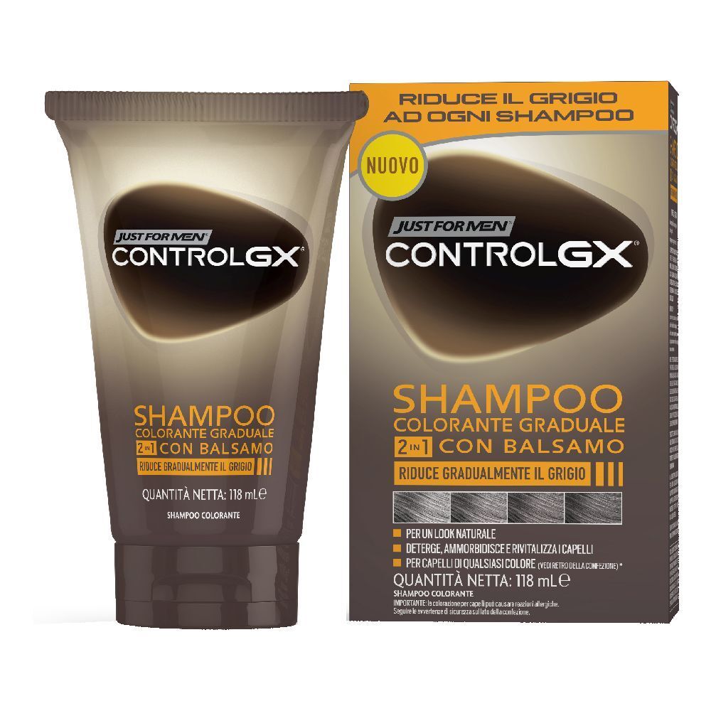 Tubo e scatola di shampoo. Scritta: Just For Men ControlGX Shampoo Colorante Graduale 2 in 1 Con Balsamo. Riduce gradualmente i grigi.