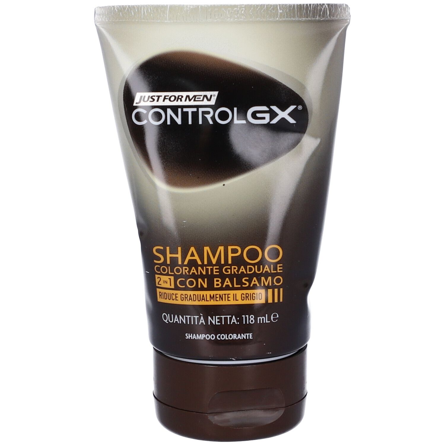 Tubo di shampoo. Scritta: Just For Men ControlGX Shampoo Colorante Graduale 2 in 1 Con Balsamo. Riduce gradualmente i grigi. 118 ml.